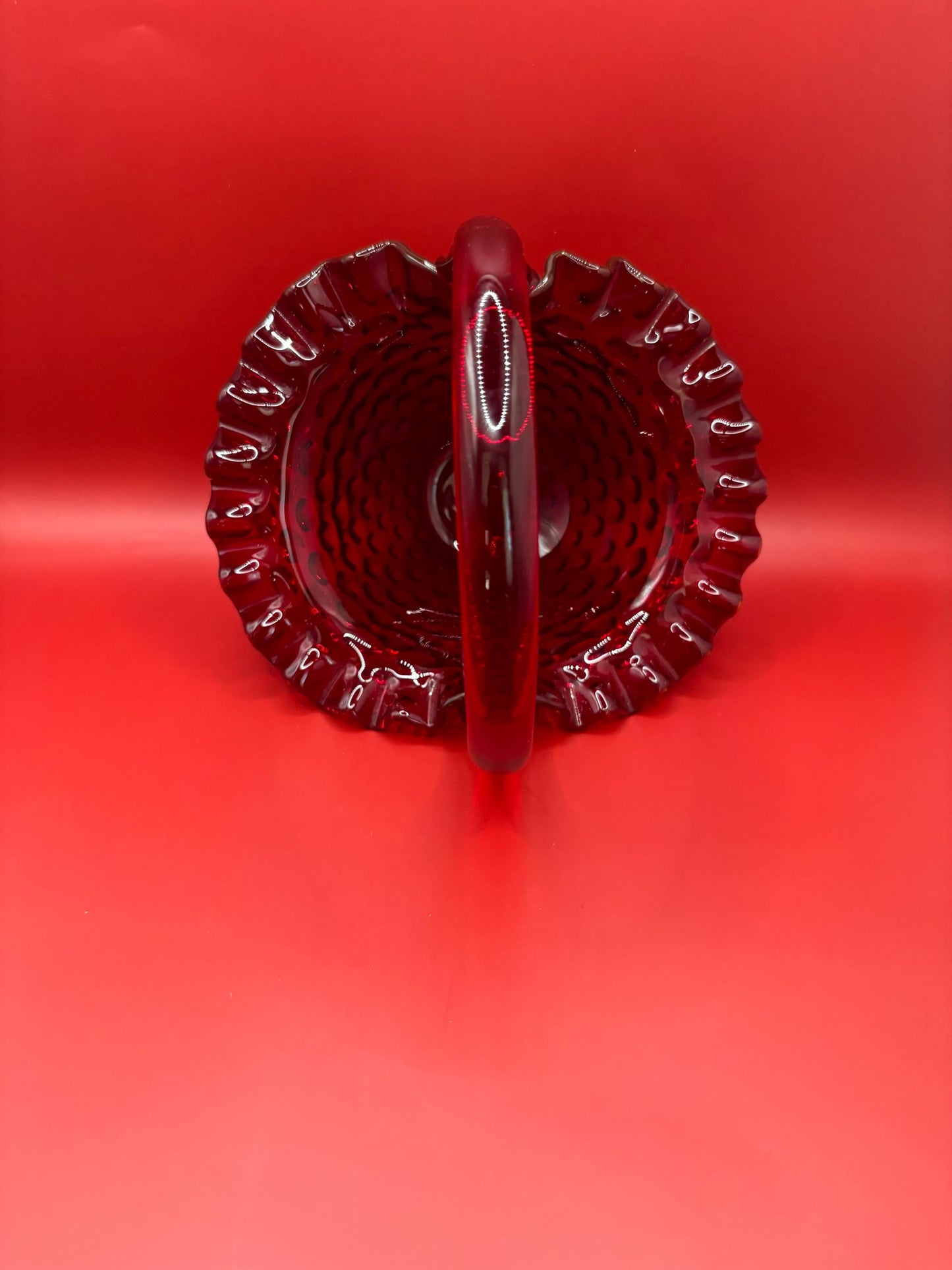 Vintage Fenton Ruby Red Hobnail Fluted Glass Basket with Handle Great Gifts at Lover Antiques and Vintage