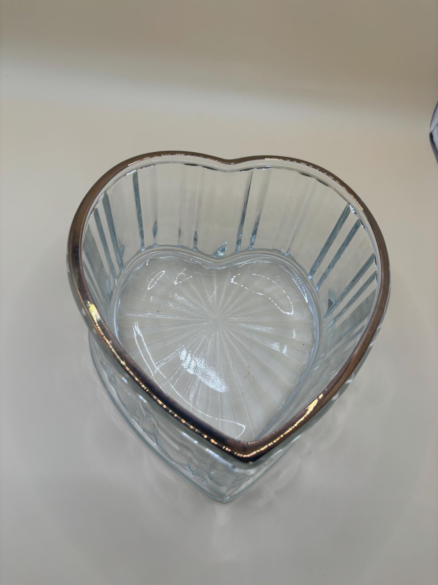 Vintage Glass Heart Shaped Dish with Gold Gilding Ribbed Clear Glass Trinket Dish Heart Bowl Lover Antiques and Vintage