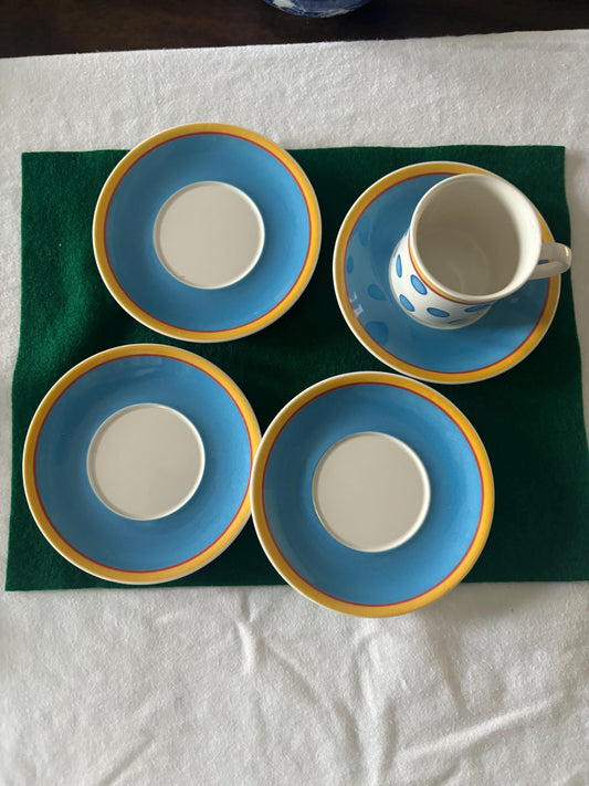 Vintage Villeroy & Boch Fine China Set of 4 Plates and 1 Twist Anna Coffee Cup Cup Blue White with Orange Lover Antiques and Vintage