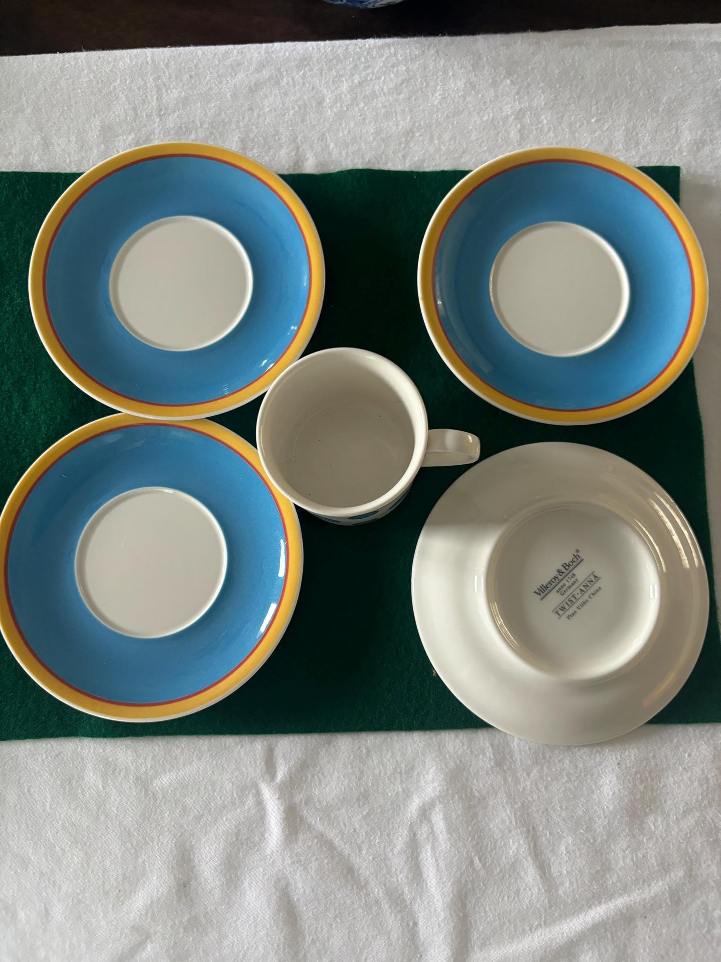 Vintage Villeroy & Boch Fine China Set of 4 Plates and 1 Twist Anna Coffee Cup Cup Blue White with Orange Lover Antiques and Vintage