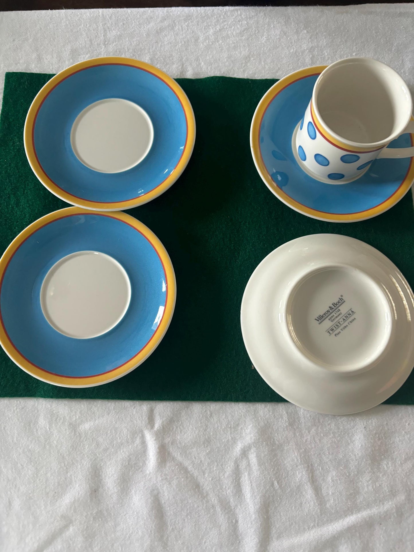Vintage Villeroy & Boch Fine China Set of 4 Plates and 1 Twist Anna Coffee Cup Cup Blue White with Orange Lover Antiques and Vintage