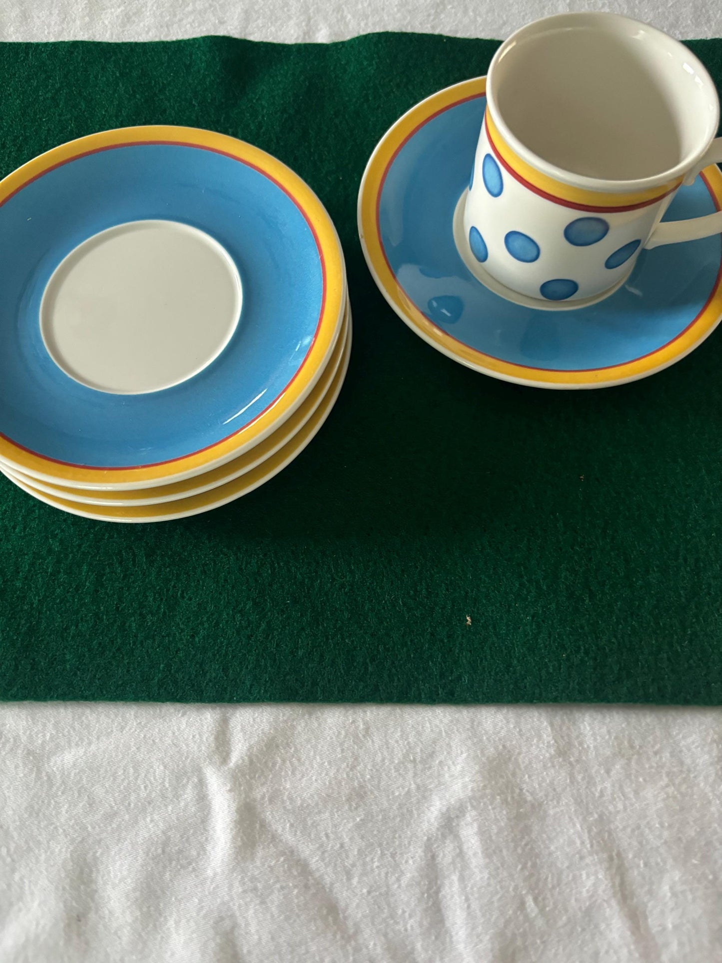 Vintage Villeroy & Boch Fine China Set of 4 Plates and 1 Twist Anna Coffee Cup Cup Blue White with Orange Lover Antiques and Vintage