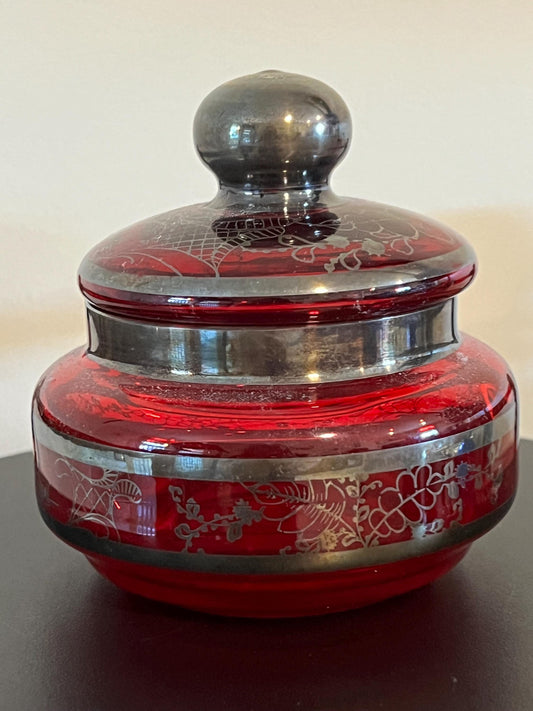 Vintage Bohemian Ruby Red Glass Container with Lid Hand Painted Silver Gilding Trinket Box Lidded Jar Lover Antiques and Vintage
