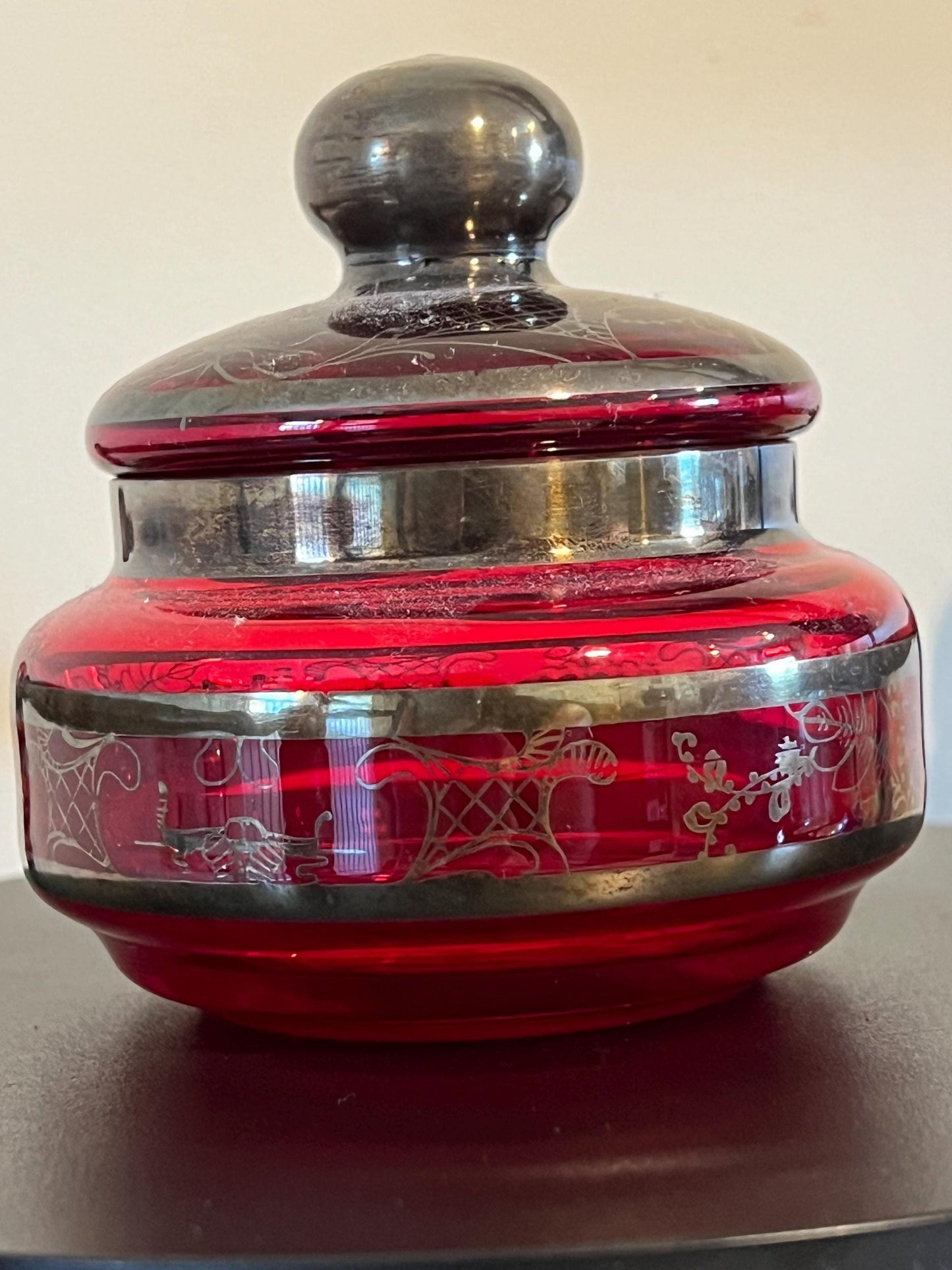 Vintage Bohemian Ruby Red Glass Container with Lid Hand Painted Silver Gilding Trinket Box Lidded Jar Lover Antiques and Vintage