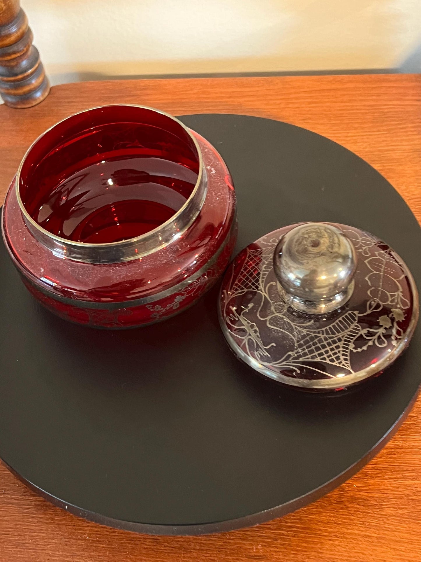 Vintage Bohemian Ruby Red Glass Container with Lid Hand Painted Silver Gilding Trinket Box Lidded Jar Lover Antiques and Vintage