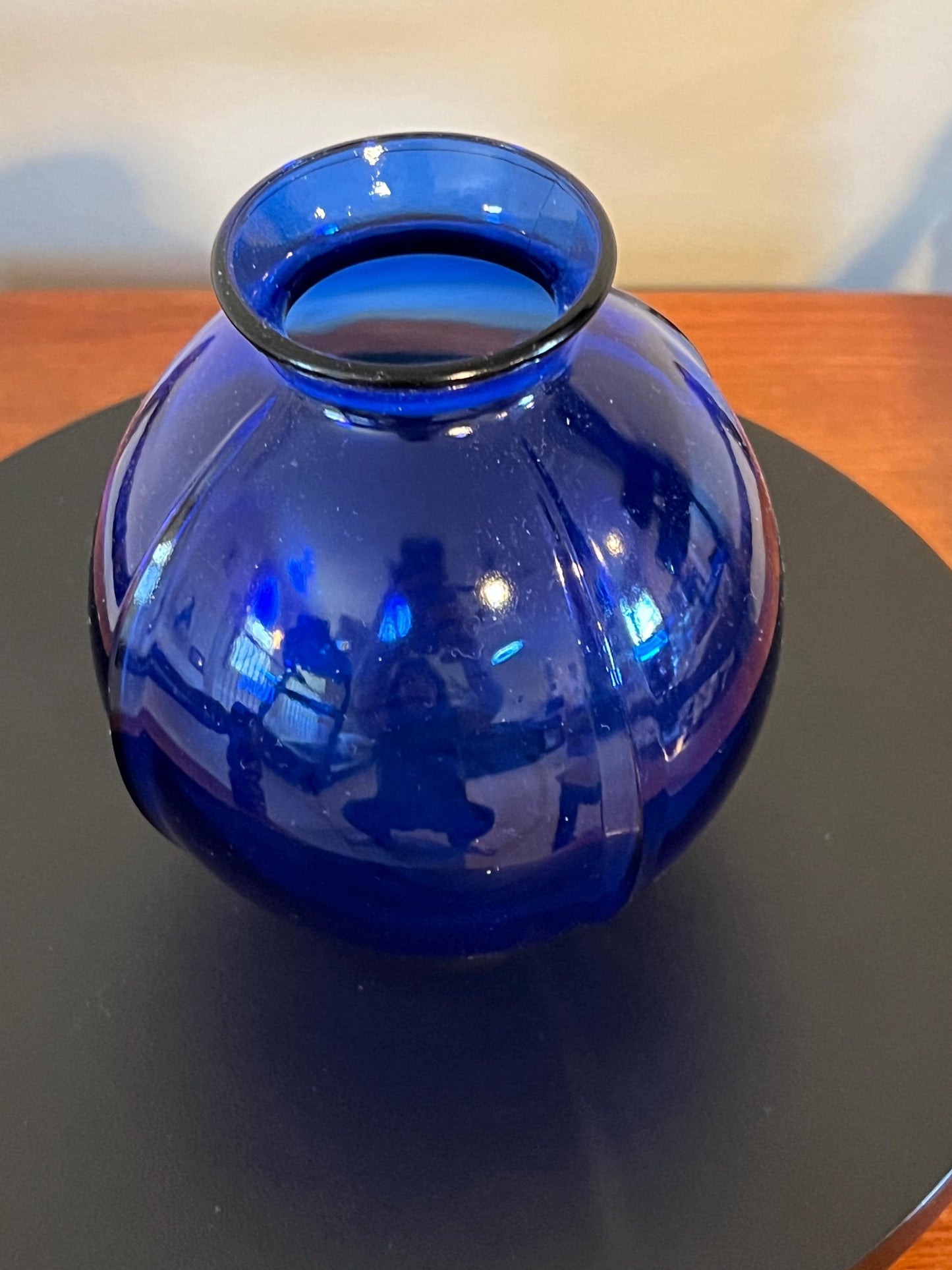 Vintage Cobalt Blue Glass Ball Vase Ribbed Pressed Glass Pretty Elegant Gifts at Lover Antiques and Vintage