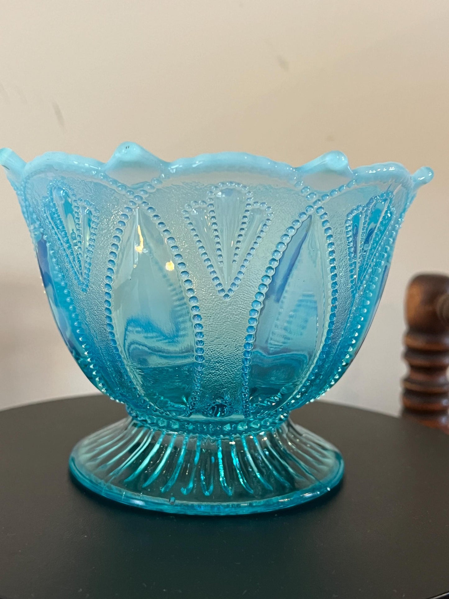 Northwood Blue Opalescent Glass Bowl Roulette Pattern Footed Glass Bowl Lover Antiques and Vintage
