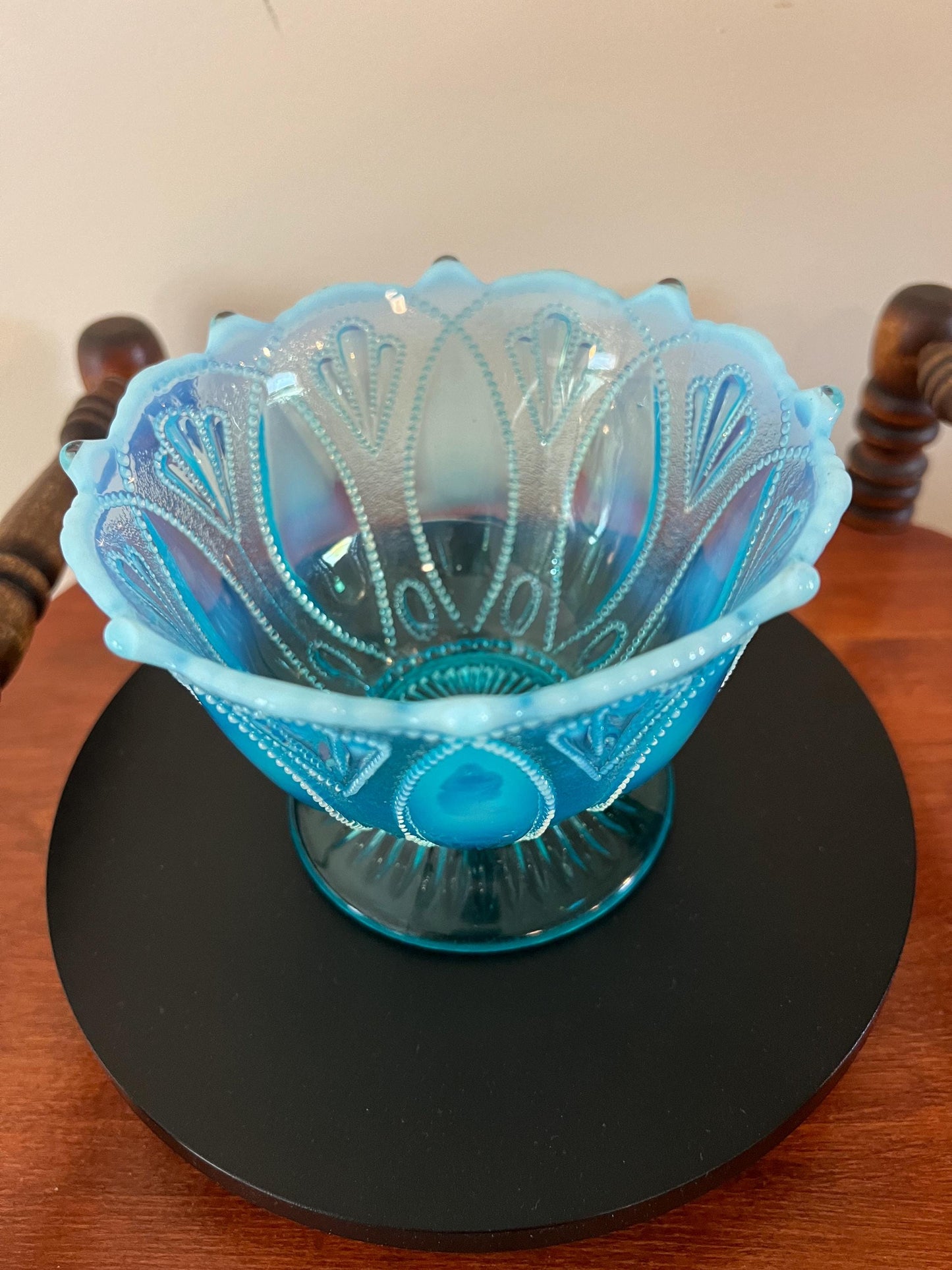 Northwood Blue Opalescent Glass Bowl Roulette Pattern Footed Glass Bowl Lover Antiques and Vintage