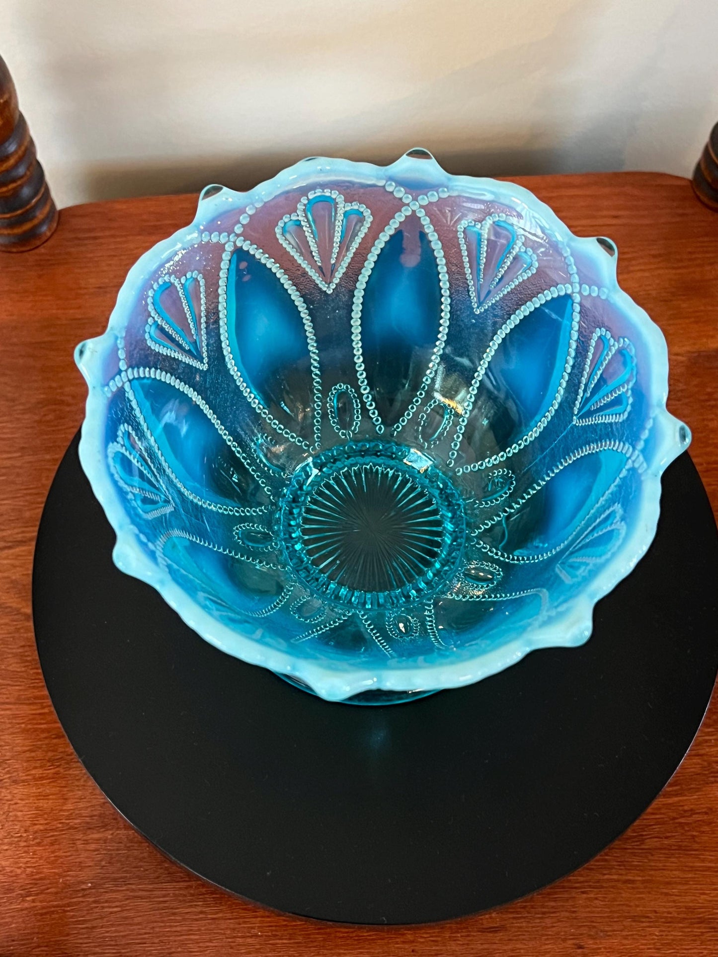 Northwood Blue Opalescent Glass Bowl Roulette Pattern Footed Glass Bowl Lover Antiques and Vintage