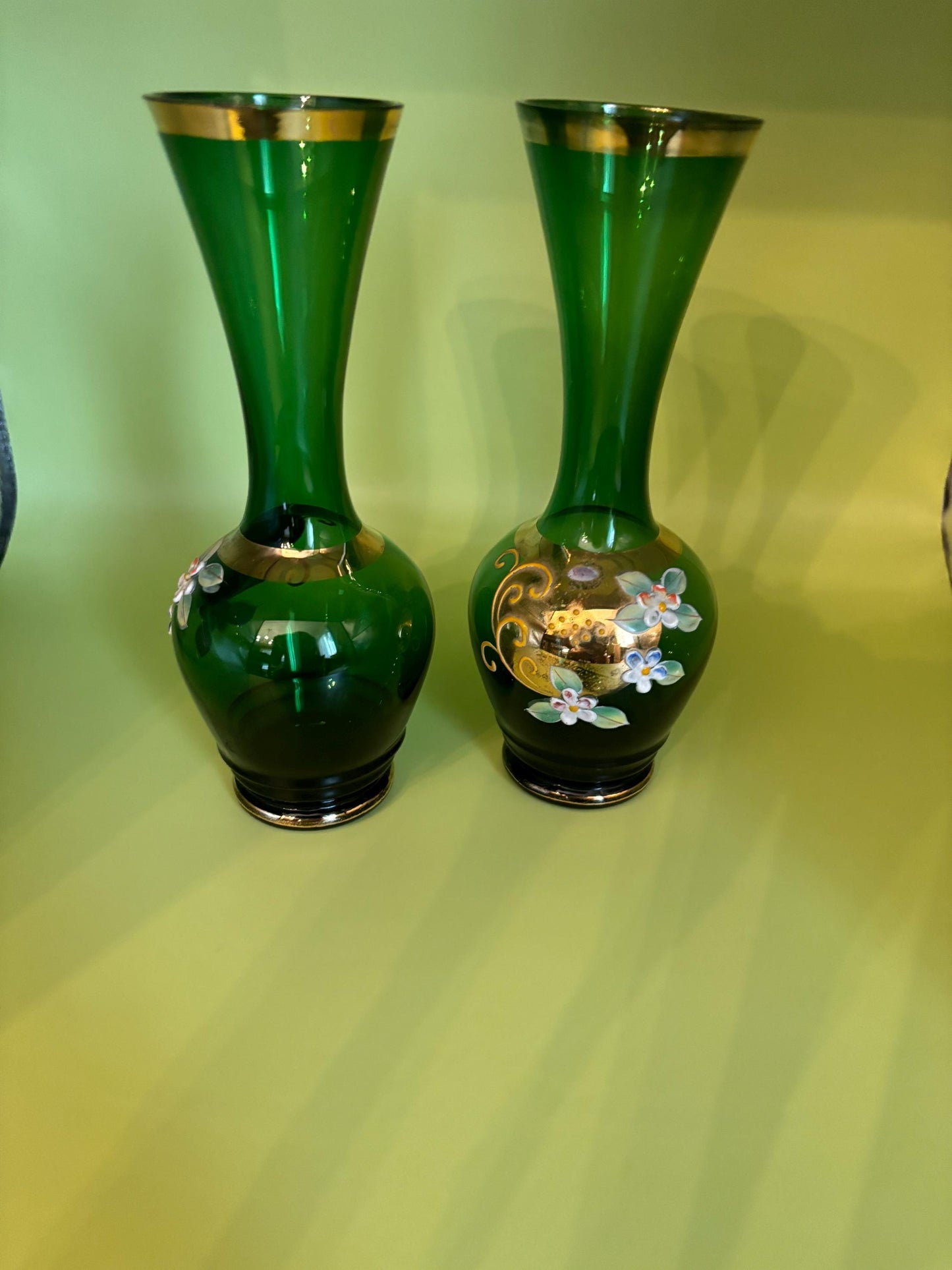 Vintage Pair of Giftcraft Emerald Green Vases with Flowers and Gold Gilding Lover Antiques and Vintage