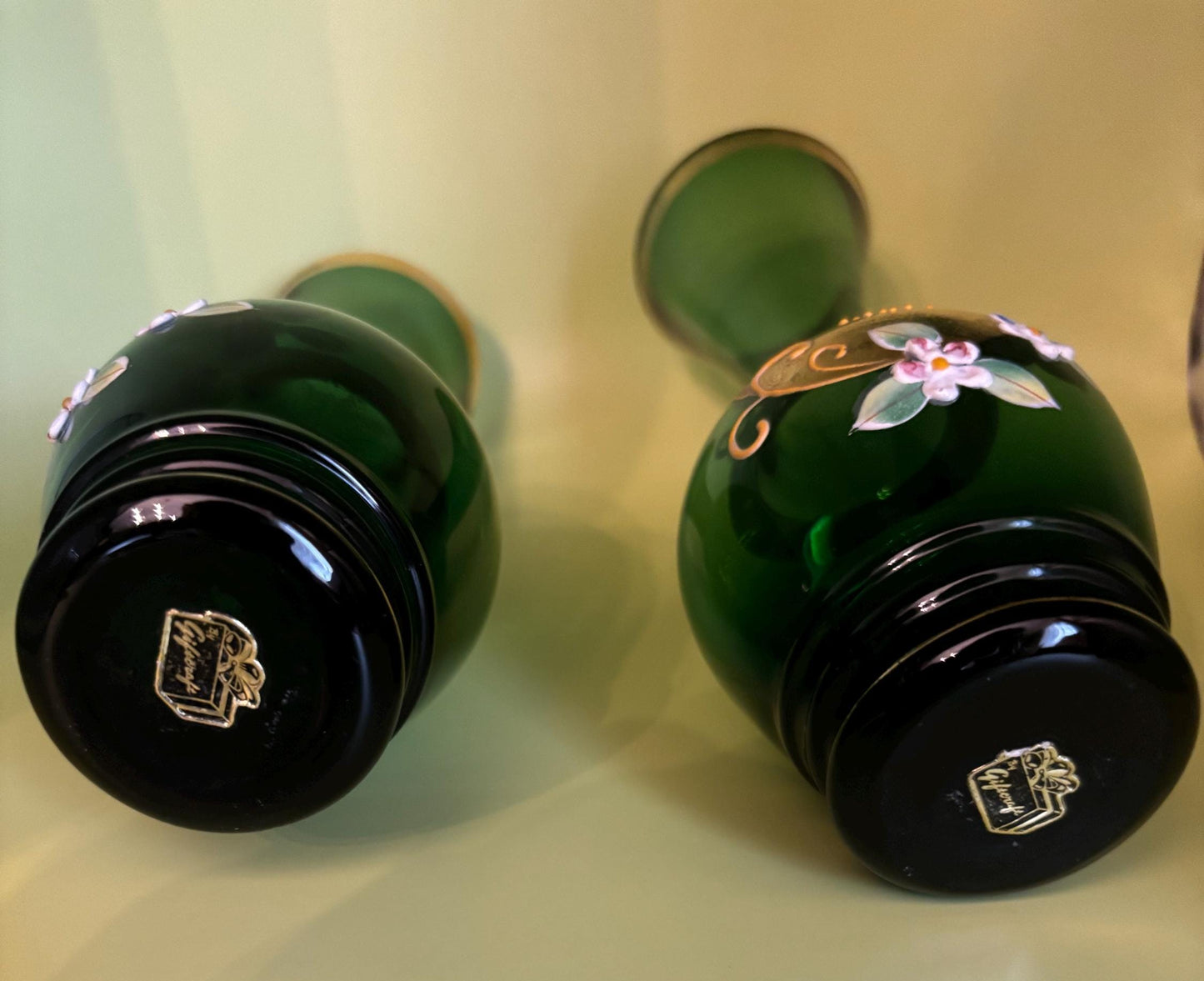 Vintage Pair of Giftcraft Emerald Green Vases with Flowers and Gold Gilding Lover Antiques and Vintage