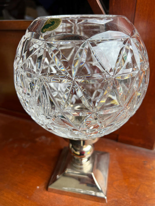 Vintage Waterford Crystal Hurricane Lamp & Metal Candle Holder Base Glass Globe Star of Hope Elegant Gifts at Lover Antiques and Vintage