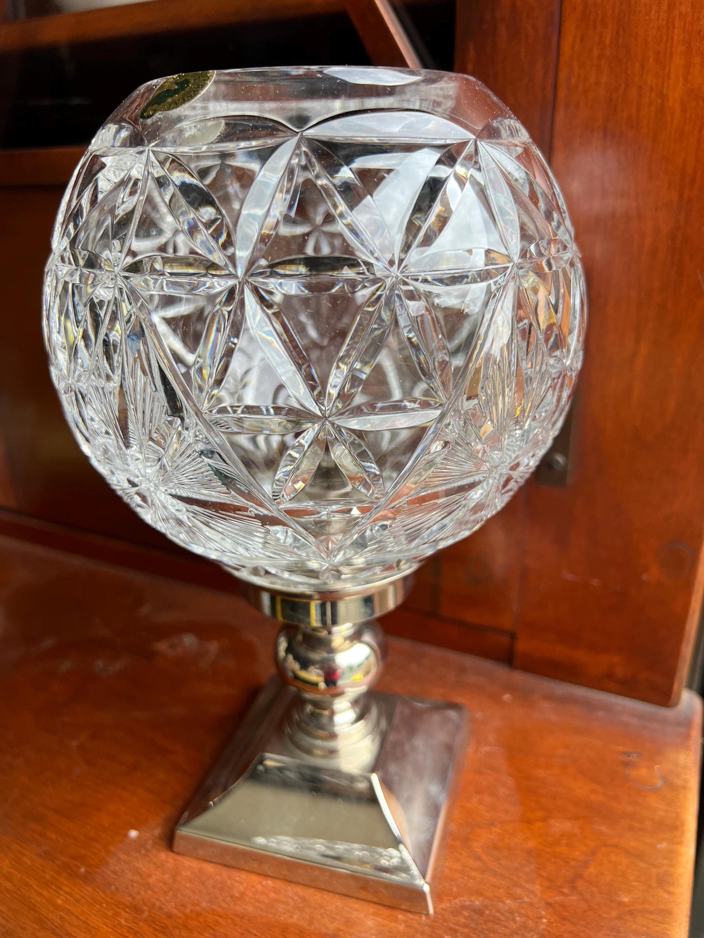 Vintage Waterford Crystal Hurricane Lamp & Metal Candle Holder Base Glass Globe Star of Hope Elegant Gifts at Lover Antiques and Vintage