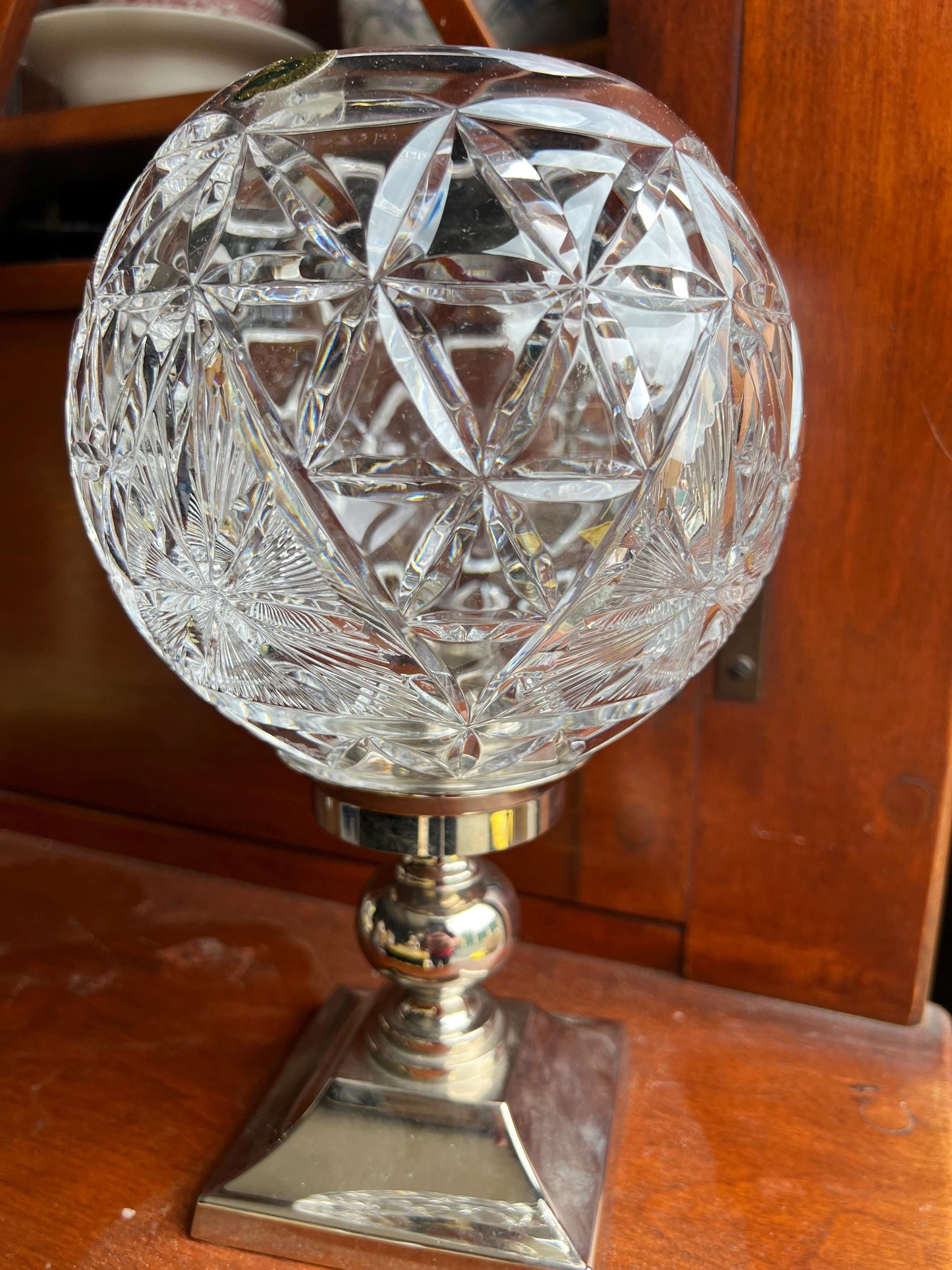 Vintage Waterford Crystal Hurricane Lamp & Metal Candle Holder Base Glass Globe Star of Hope Elegant Gifts at Lover Antiques and Vintage
