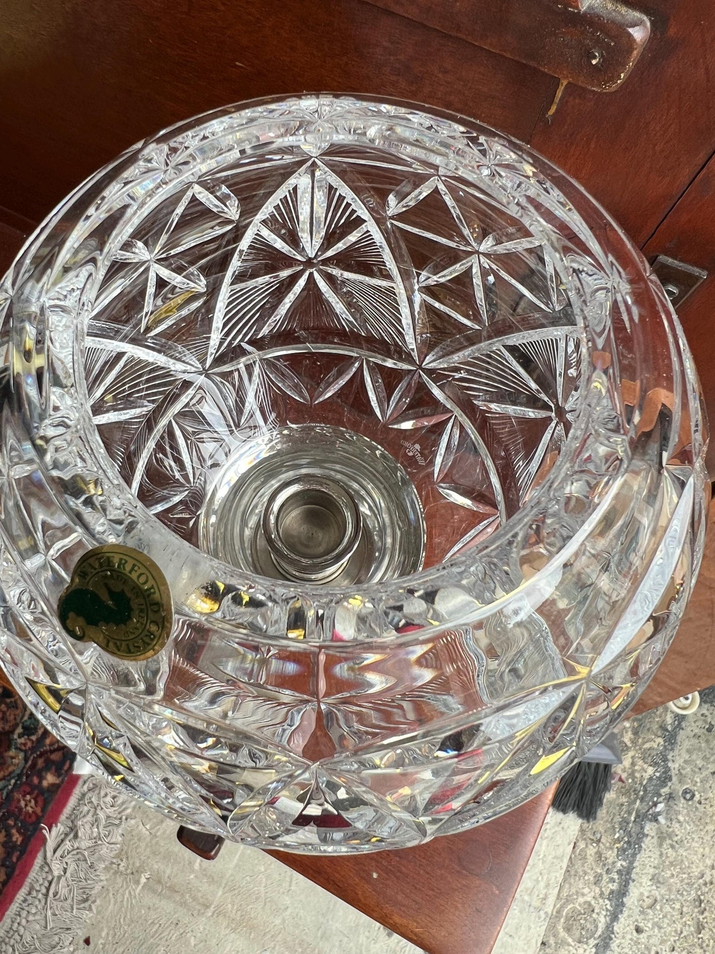 Vintage Waterford Crystal Hurricane Lamp & Metal Candle Holder Base Glass Globe Star of Hope Elegant Gifts at Lover Antiques and Vintage