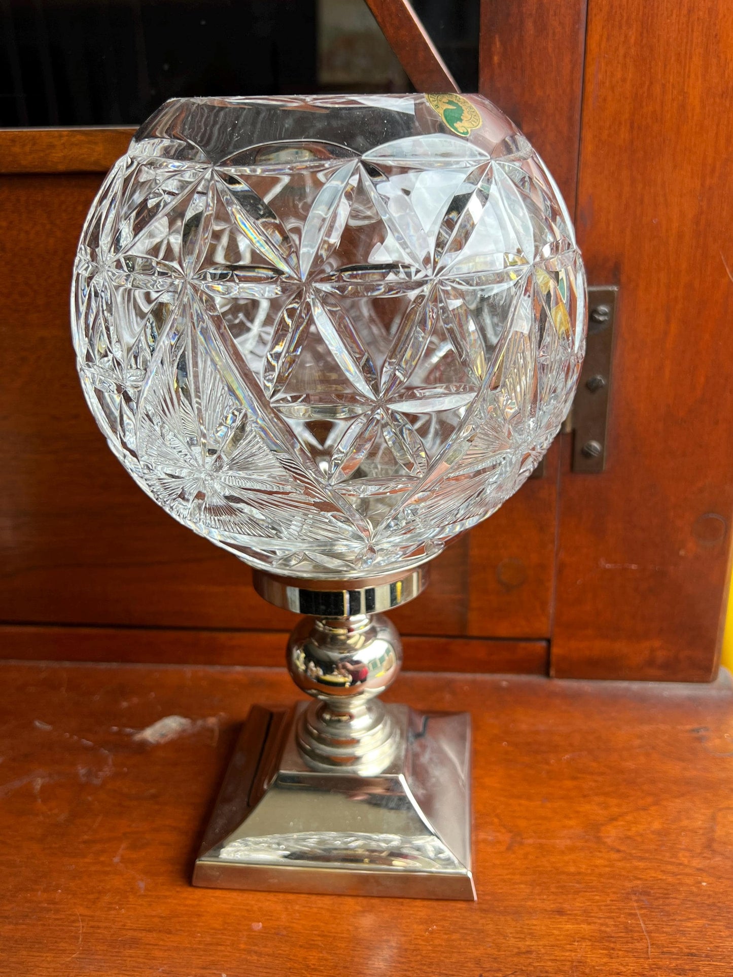 Vintage Waterford Crystal Hurricane Lamp & Metal Candle Holder Base Glass Globe Star of Hope Elegant Gifts at Lover Antiques and Vintage
