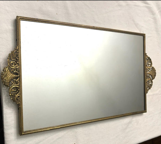Vintage Gold Filagree Large Rectangular Mirror For Dresser Tray with Flower Design Handles Lover Antiques and Vintage