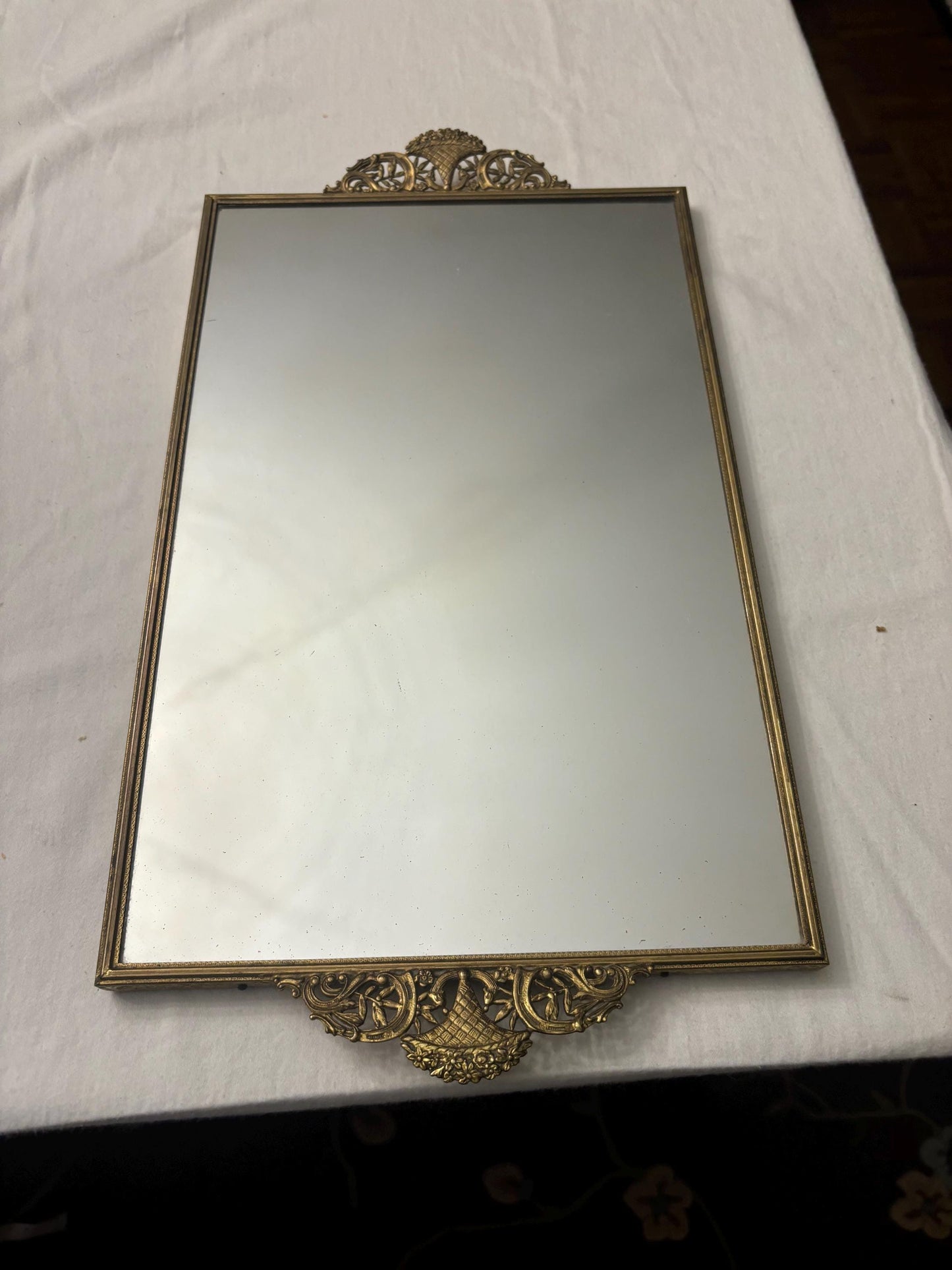 Vintage Gold Filagree Large Rectangular Mirror For Dresser Tray with Flower Design Handles Lover Antiques and Vintage