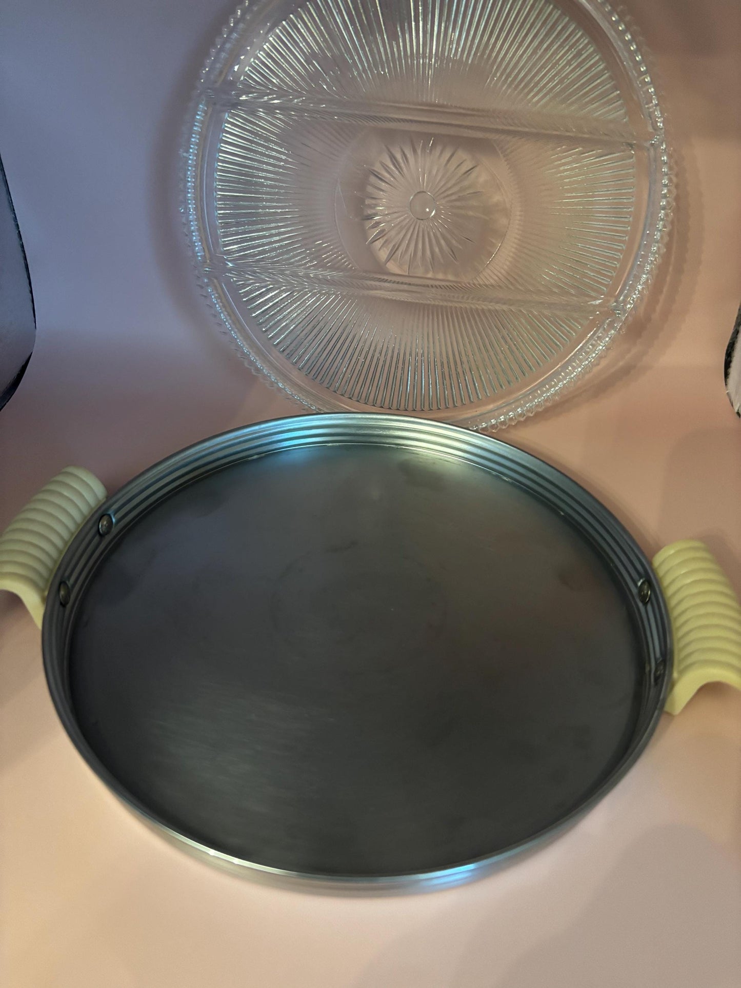 Vintage Glass and Pewter Platter with Green Handles and Top Lid Lover Antiques and Vintage
