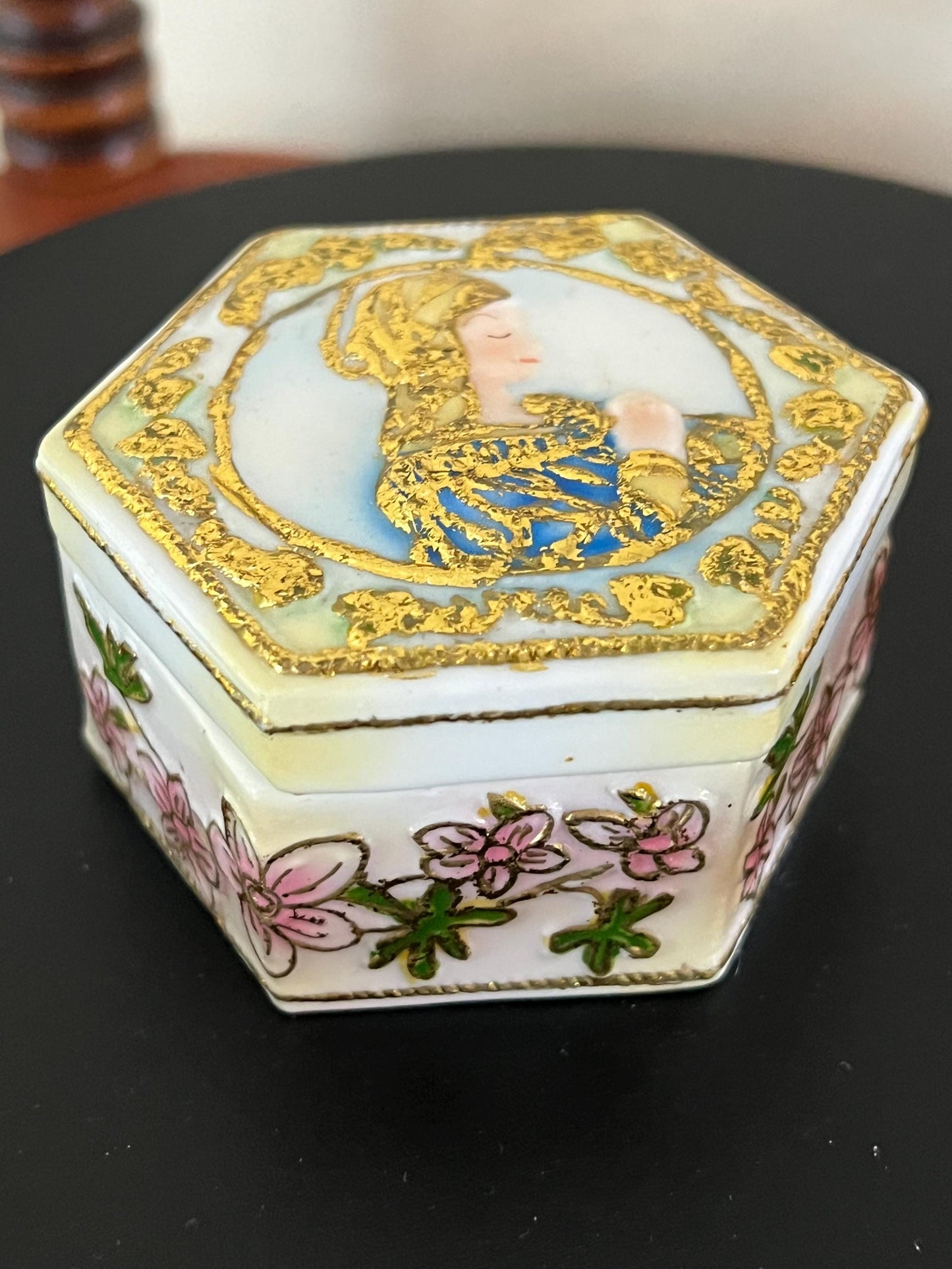 Vintage Madonna Praying Porcelain Trinket Box with Gold Brush and Hand Painted Flower Details Lover Antiques and Vintage