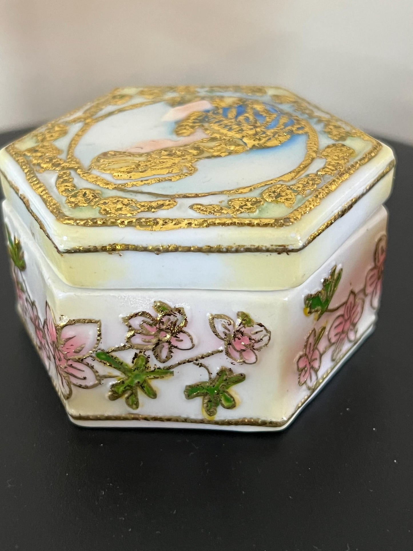 Vintage Madonna Praying Porcelain Trinket Box with Gold Brush and Hand Painted Flower Details Lover Antiques and Vintage