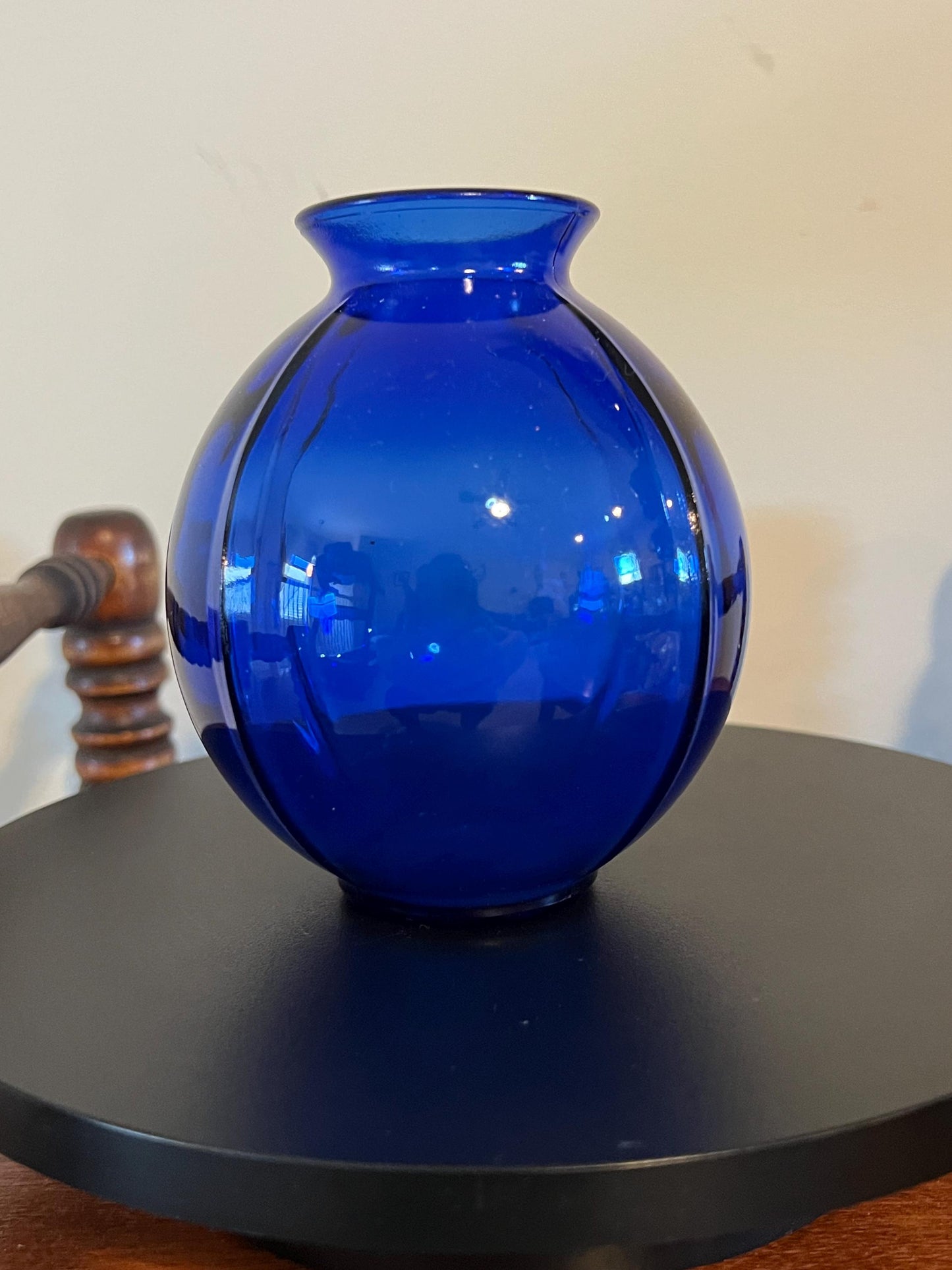 Vintage Cobalt Blue Glass Ball Vase Ribbed Pressed Glass Pretty Elegant Gifts at Lover Antiques and Vintage