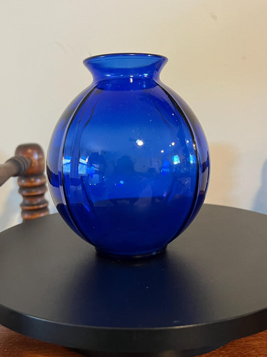 Vintage Cobalt Blue Glass Ball Vase Ribbed Pressed Glass Pretty Elegant Gifts at Lover Antiques and Vintage