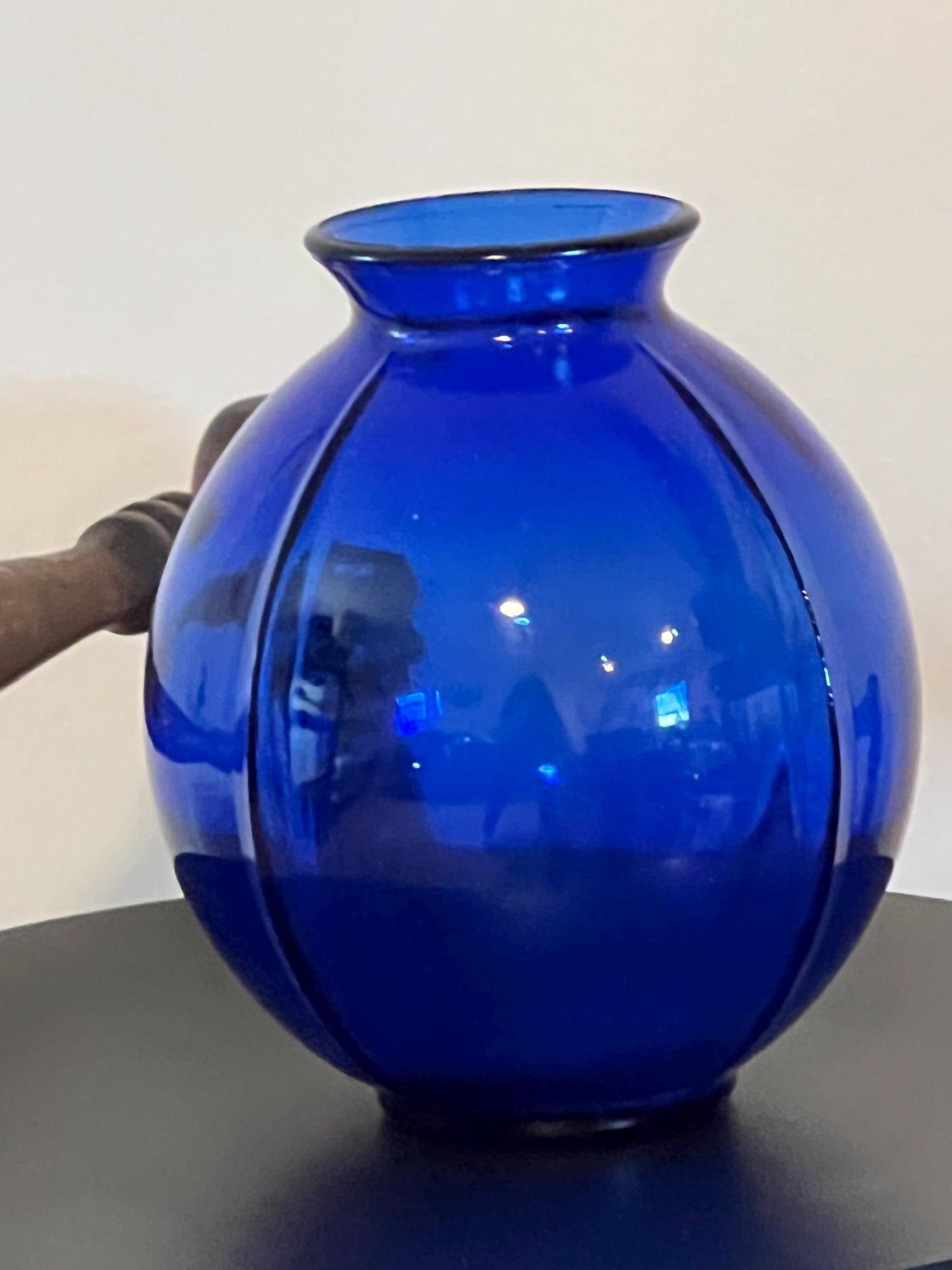 Vintage Cobalt Blue Glass Ball Vase Ribbed Pressed Glass Pretty Elegant Gifts at Lover Antiques and Vintage
