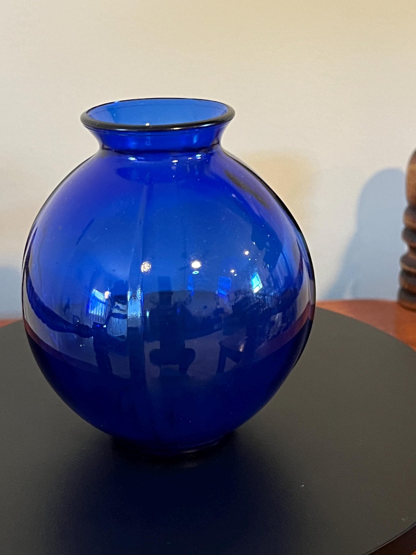Vintage Cobalt Blue Glass Ball Vase Ribbed Pressed Glass Pretty Elegant Gifts at Lover Antiques and Vintage