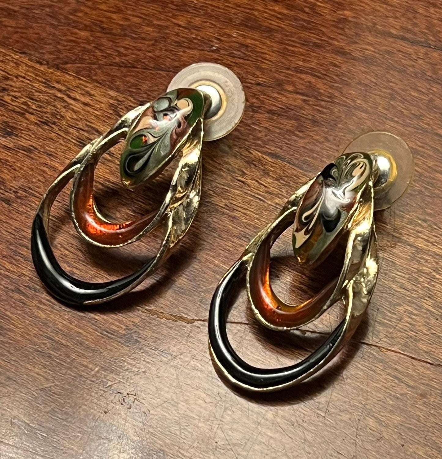 Vintage Karissa Rust and Swirls of Copper and Brown Enamel Double Loop Earrings