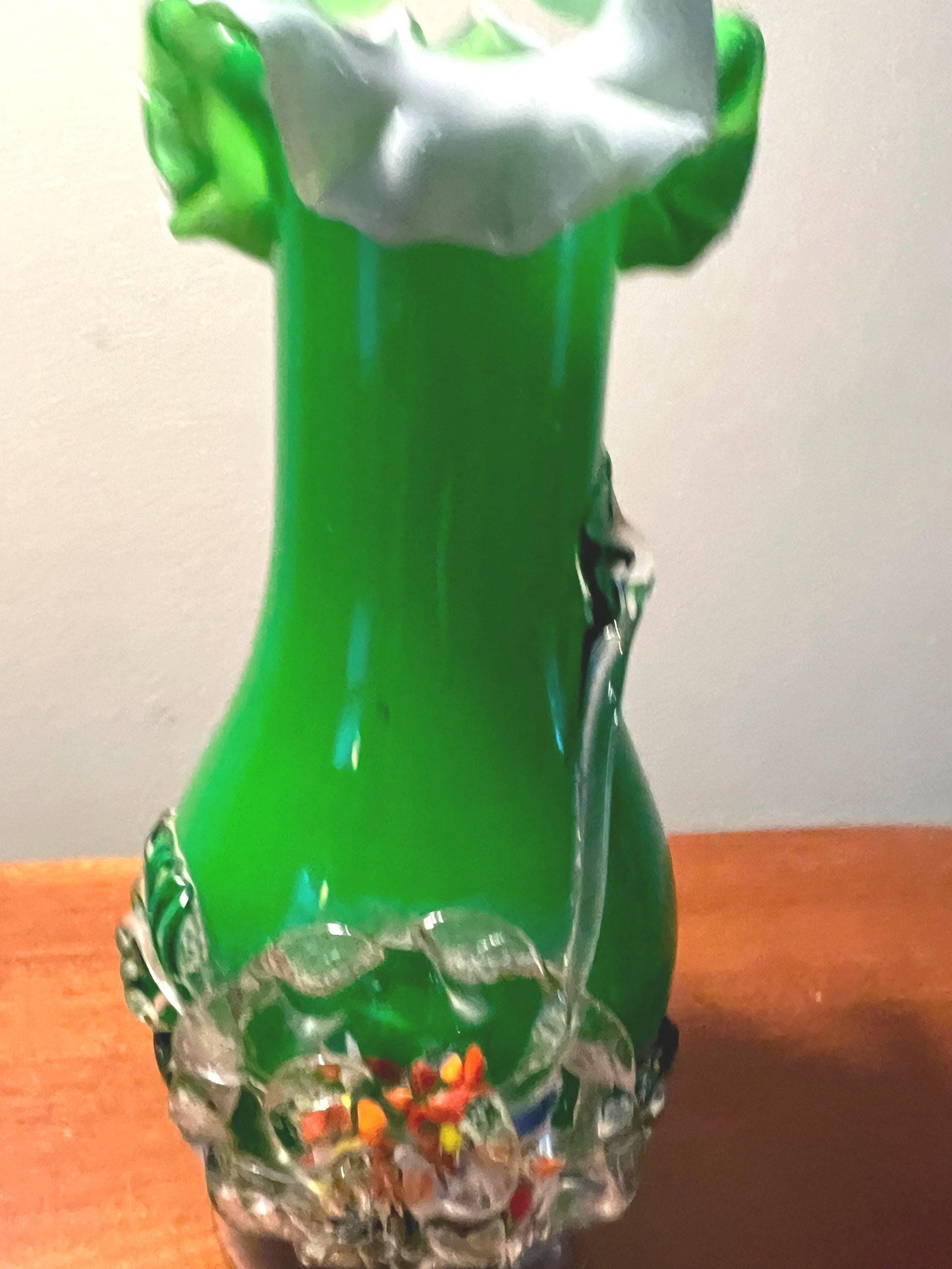 Vintage Green Flowers Blossom Murano Style Art Glass Vase Flower Bloom