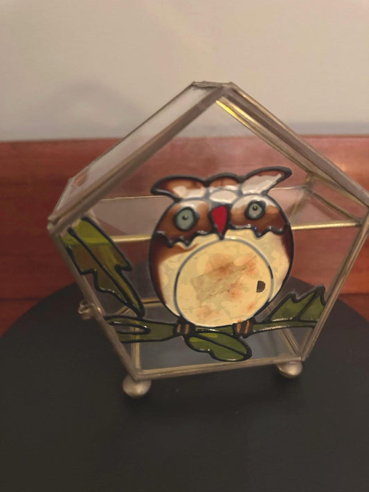 Vintage Owl Trinket Box, Brass & Glass Owl Box, Vintage Owl Trinket Box, Stained Glass Owl Trinket Box, Lover Antiques and Vintage