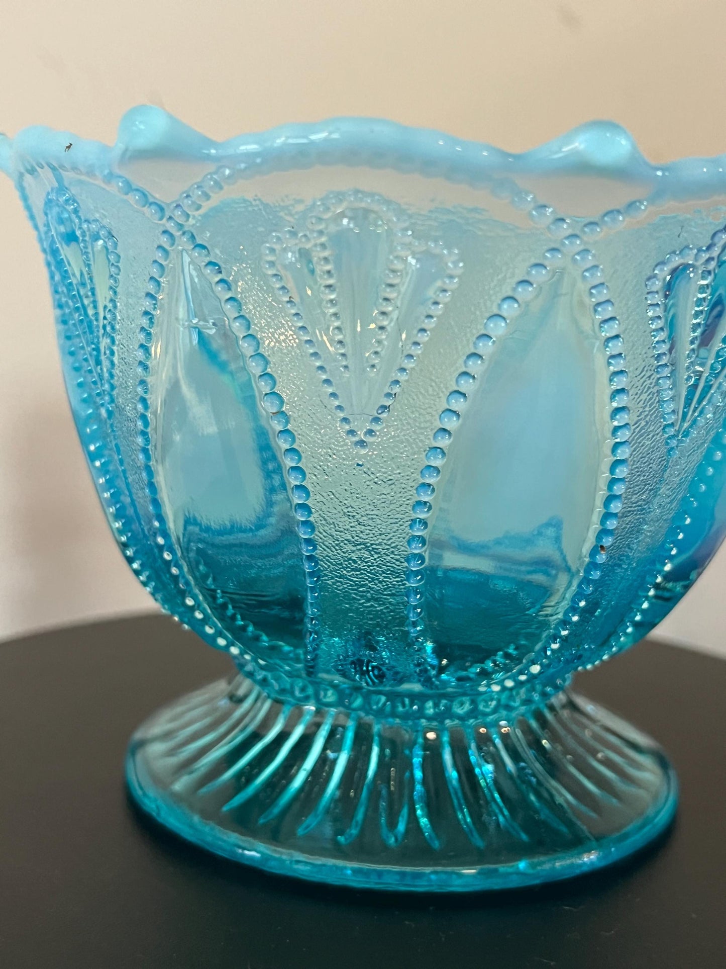 Northwood Blue Opalescent Glass Bowl Roulette Pattern Footed Glass Bowl Lover Antiques and Vintage