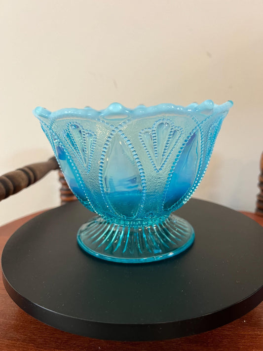 Northwood Blue Opalescent Glass Bowl Roulette Pattern Footed Glass Bowl Lover Antiques and Vintage