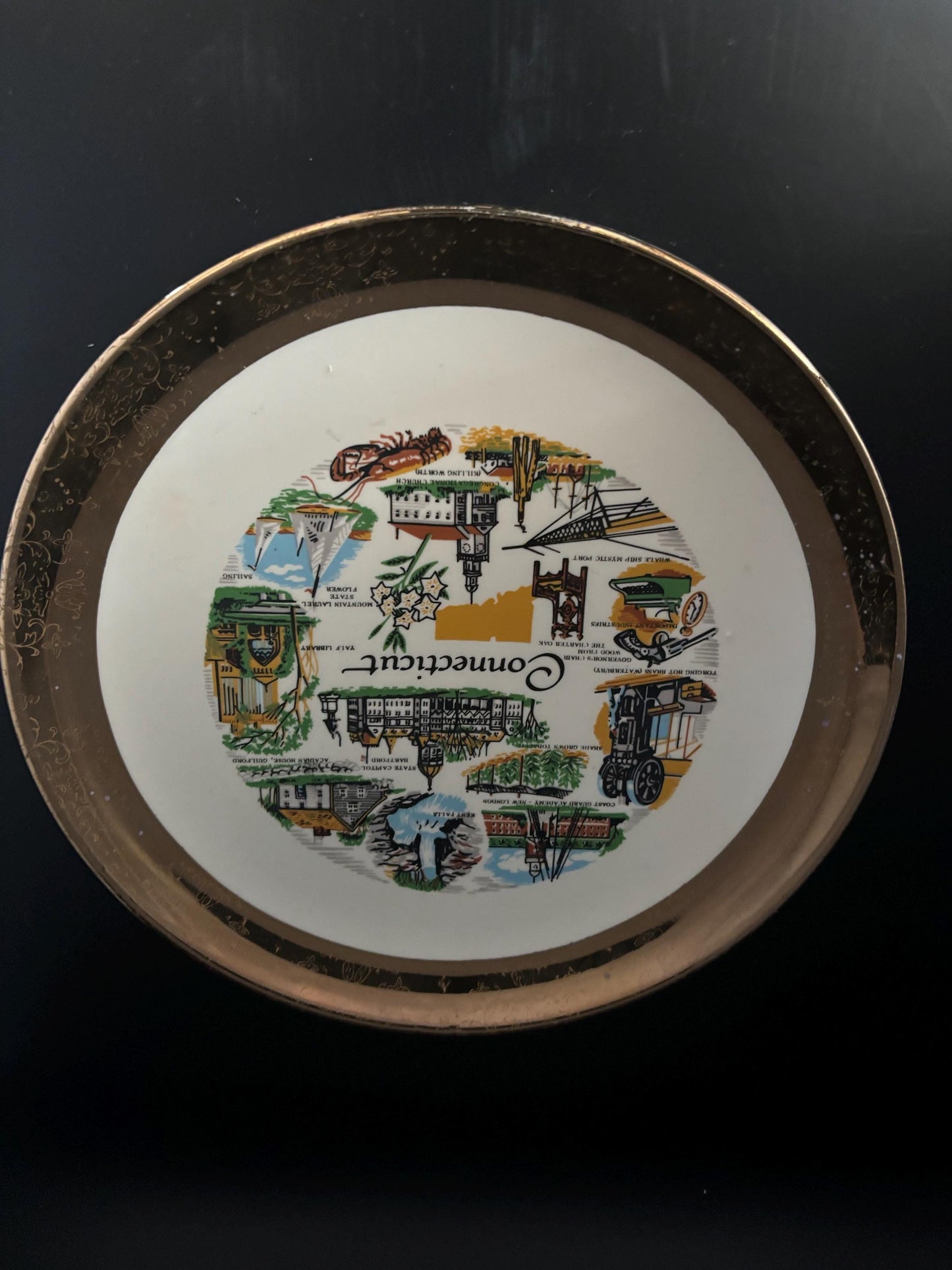 Vintage Connecticut Commemorative Plate with Gold Edge Etching Souvenir Collectors Plate Lover Antiques and Vintage