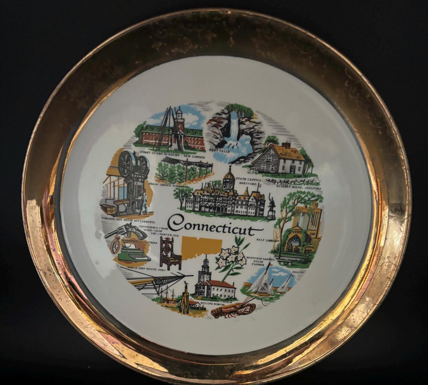 Vintage Connecticut Commemorative Plate with Gold Edge Etching Souvenir Collectors Plate Lover Antiques and Vintage