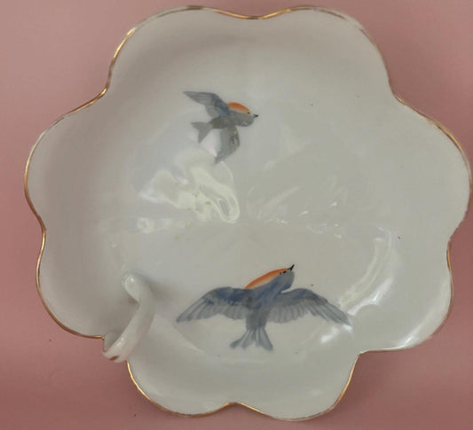 Antique Nippon Birds in Flight Hand Painted Porcelain Bowl with Gold Gilding Bird Plate with Handle Lover Antiques