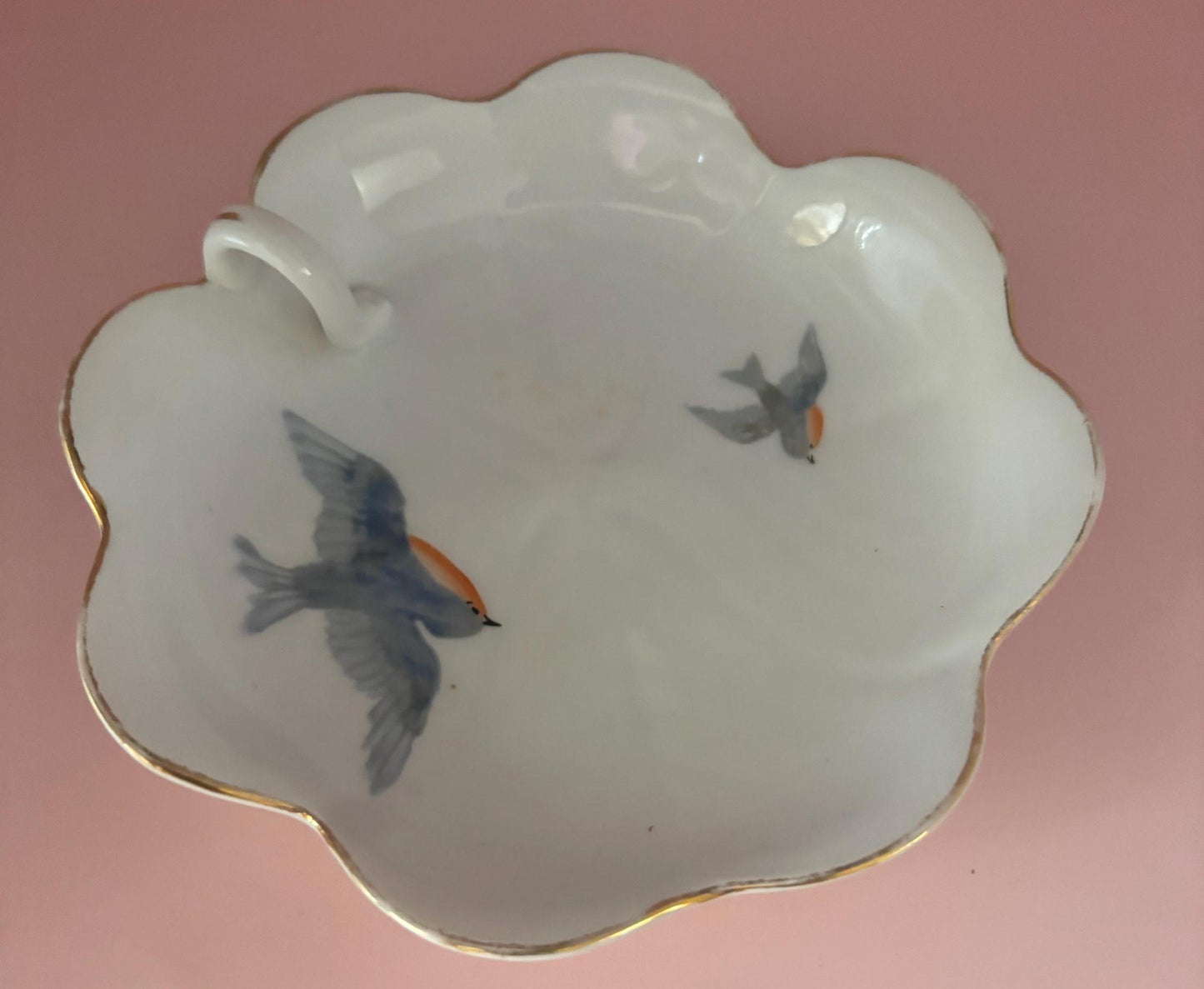Antique Nippon Birds in Flight Hand Painted Porcelain Bowl with Gold Gilding Bird Plate with Handle Lover Antiques
