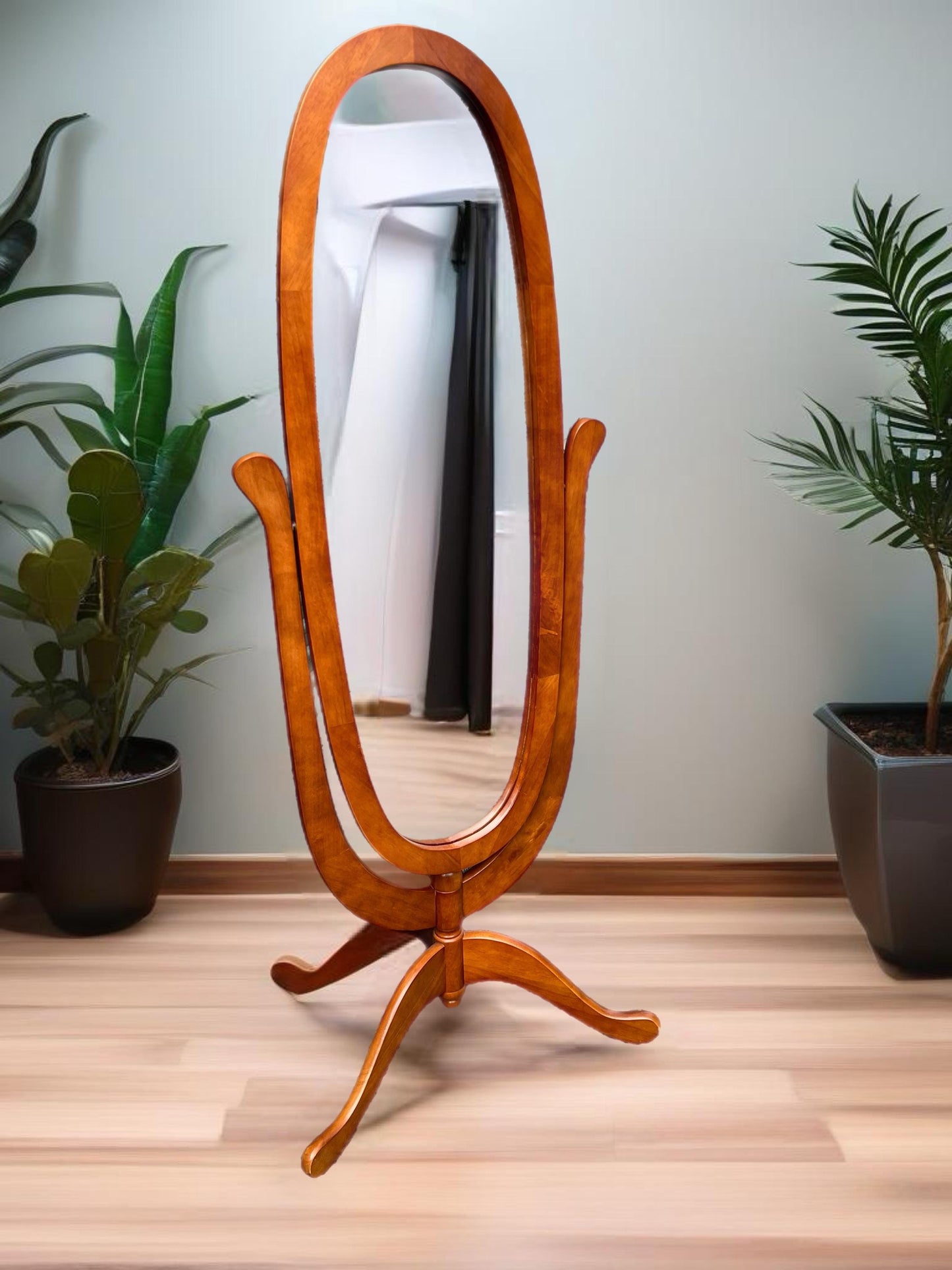 Vintage Framed Oval Cheval Mirror on Tripod Base with Cherry Finish Lover Antiques and Vintage