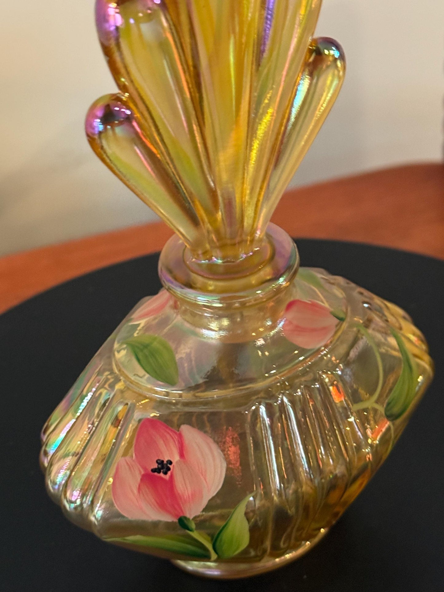 Vintage Fenton Art Glass Perfume Bottle Autumn Gold Carnival Glass Hand Painted by C. Hall Lover Antiques and Vintage
