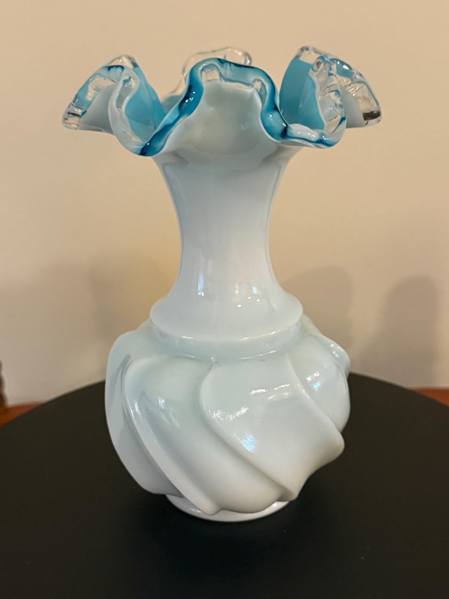 Vintage Fenton Silvercrest Jamestown Wave Crest Blue Ruffled Top with White Overlay Vase Lover Antiques and Vintage