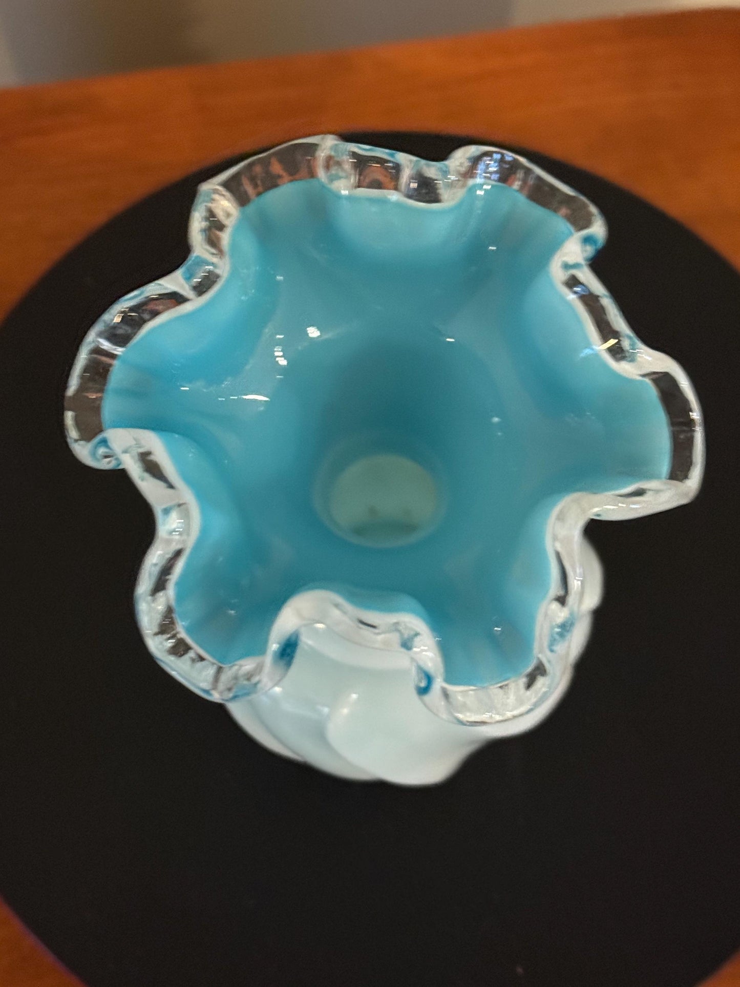 Vintage Fenton Silvercrest Jamestown Wave Crest Blue Ruffled Top with White Overlay Vase Lover Antiques and Vintage