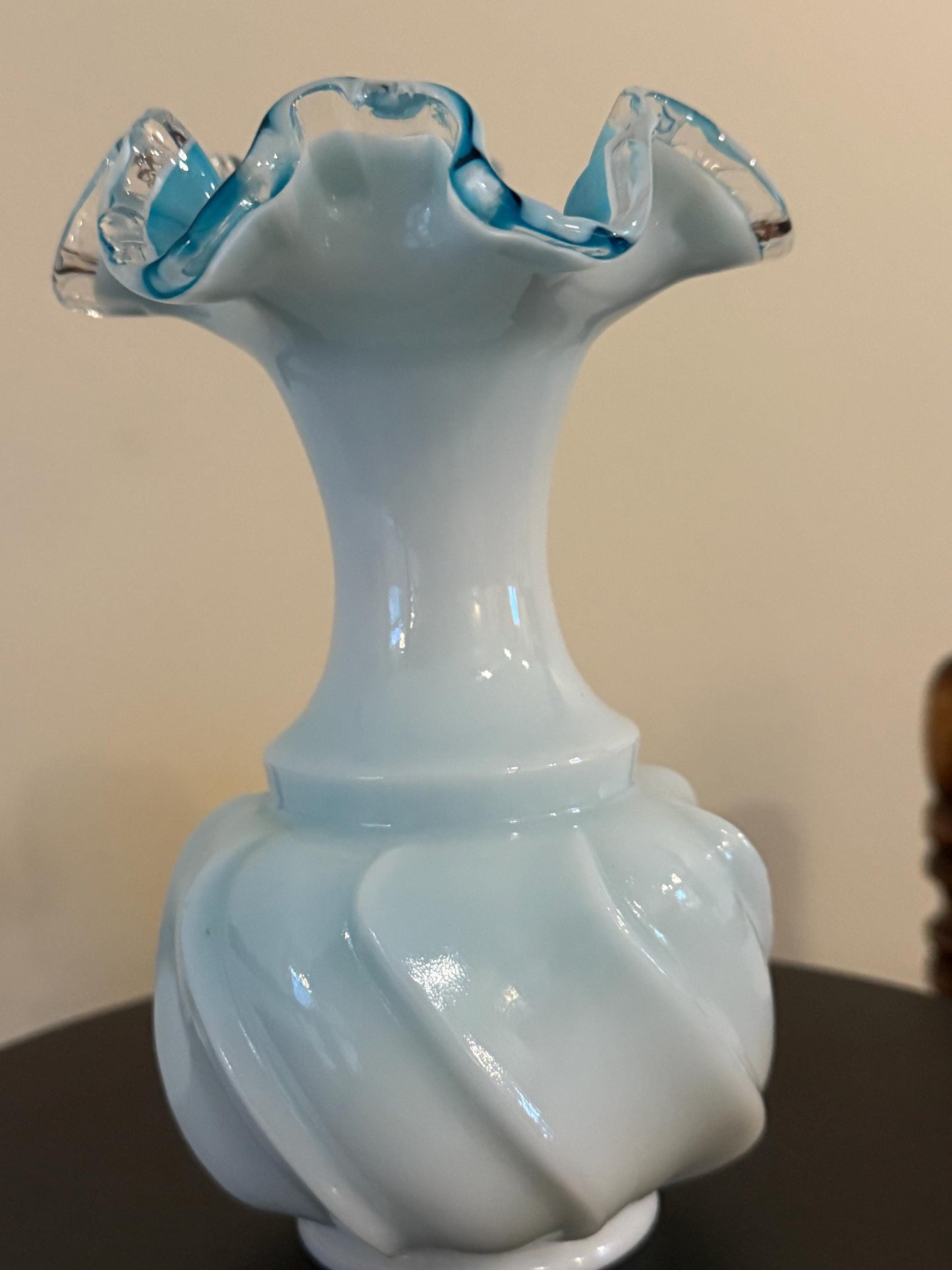 Vintage Fenton Silvercrest Jamestown Wave Crest Blue Ruffled Top with White Overlay Vase Lover Antiques and Vintage