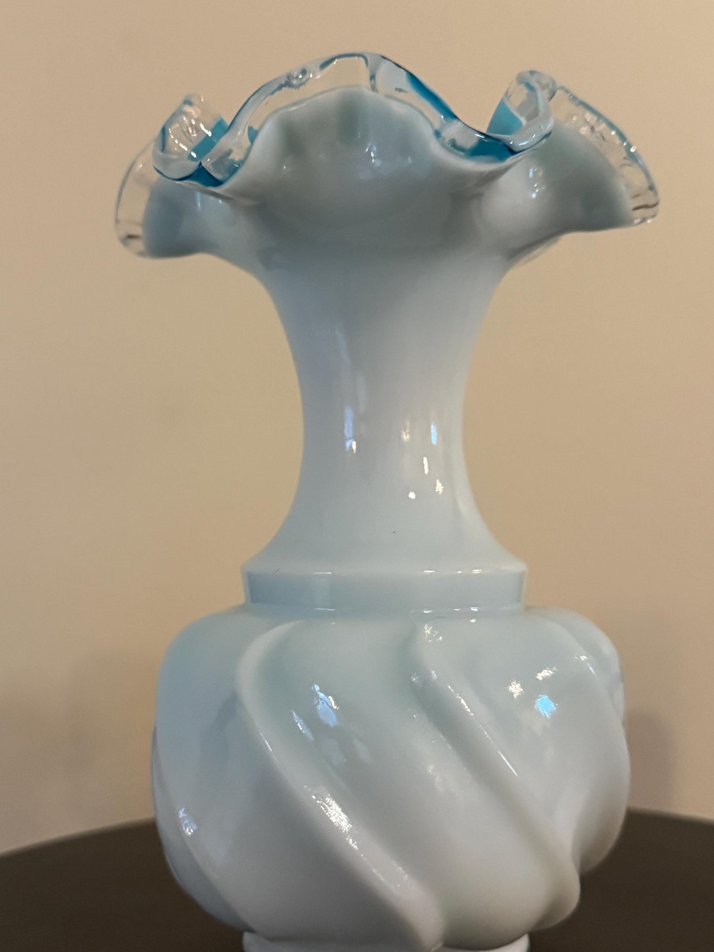Vintage Fenton Silvercrest Jamestown Wave Crest Blue Ruffled Top with White Overlay Vase Lover Antiques and Vintage