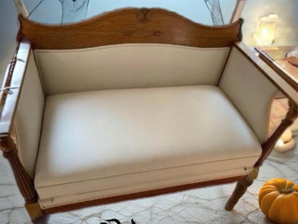 Antique Oak Carved Cream Loveseat with Pull Out Trundle Bed Lover Antiques and Vintage