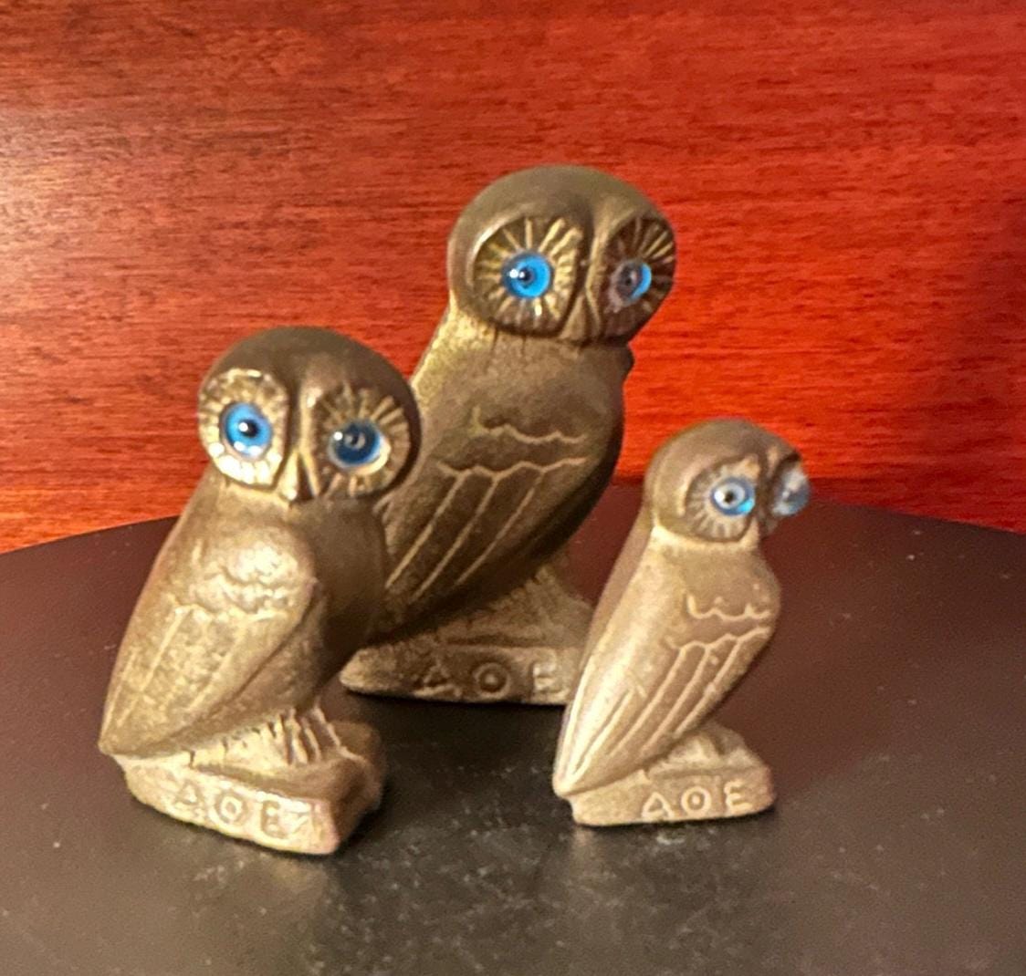 Vintage Brass Owl Family of 3, Brass Owls, Brass Owls with Gems, Lover Antiques and Vintage