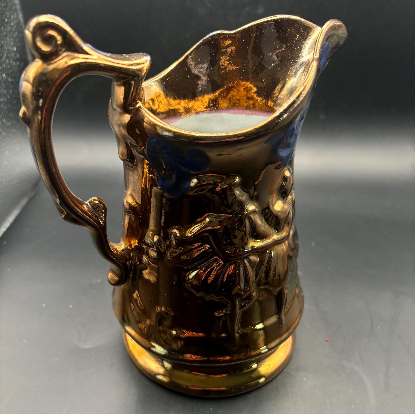 Antique Stafforshire Hand Painted Copper Lustreware Pitcher Circa 1880’s Dancing Couple Lover Antiques and Vintage