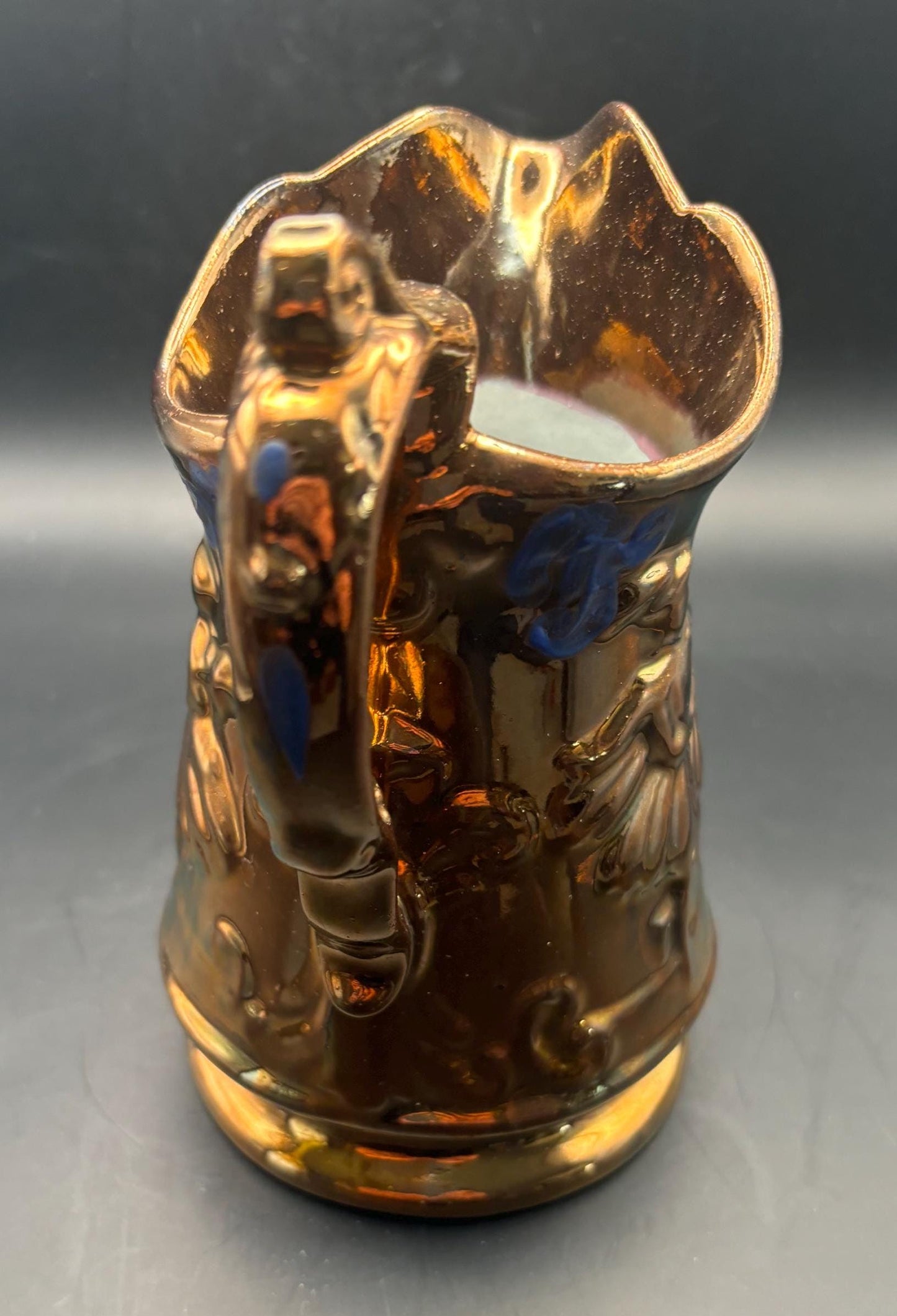 Antique Stafforshire Hand Painted Copper Lustreware Pitcher Circa 1880’s Dancing Couple Lover Antiques and Vintage