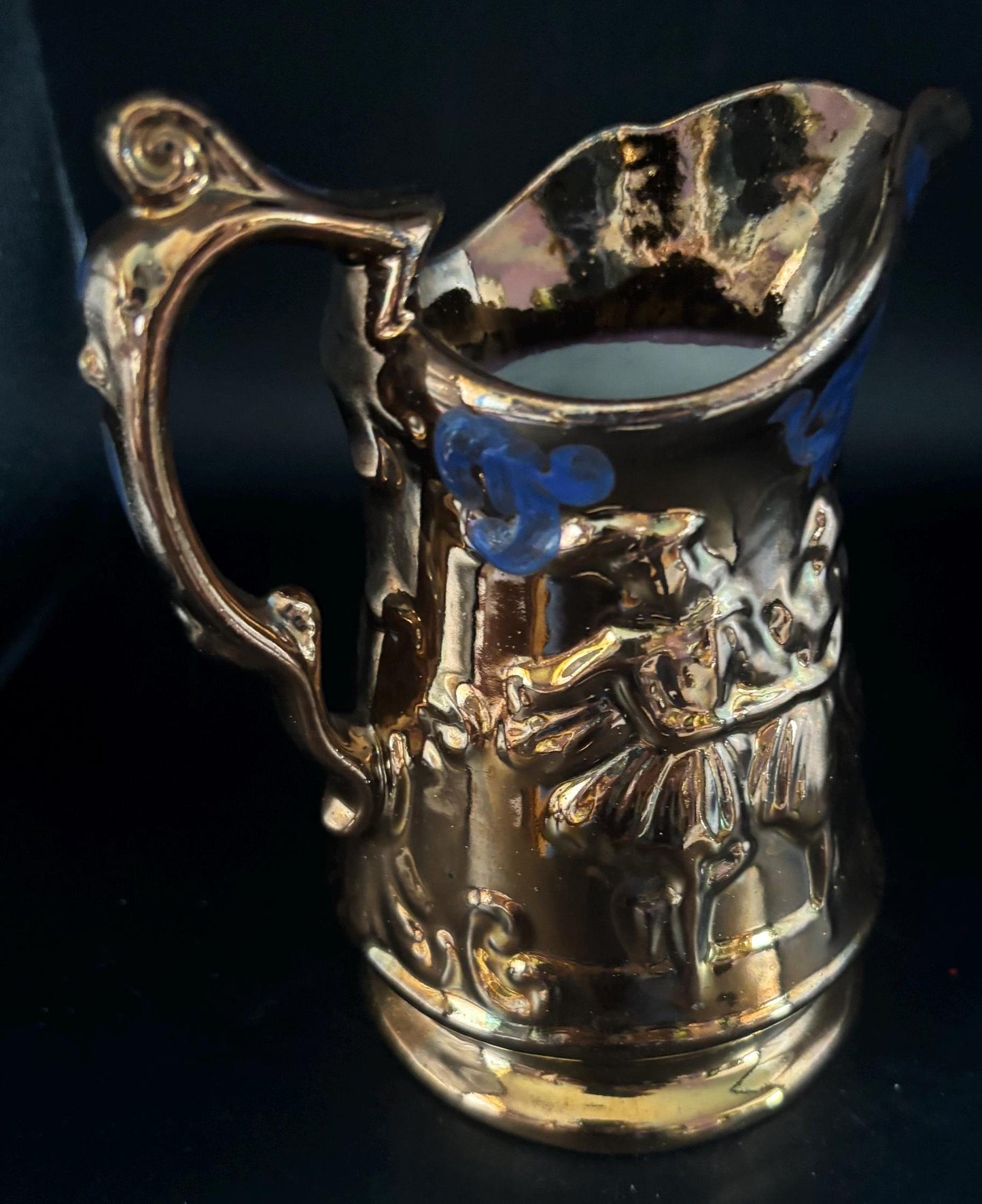Antique Stafforshire Hand Painted Copper Lustreware Pitcher Circa 1880’s Dancing Couple Lover Antiques and Vintage