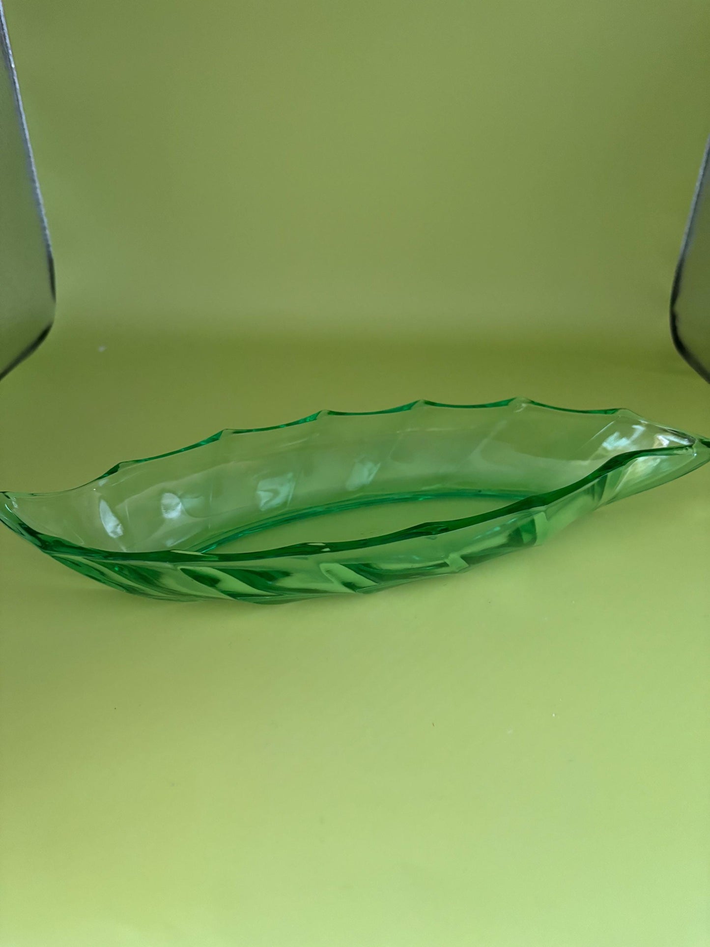 Antique Heisey Glass Green Leaf Bowl 10” long Lover Antiques and Vintage